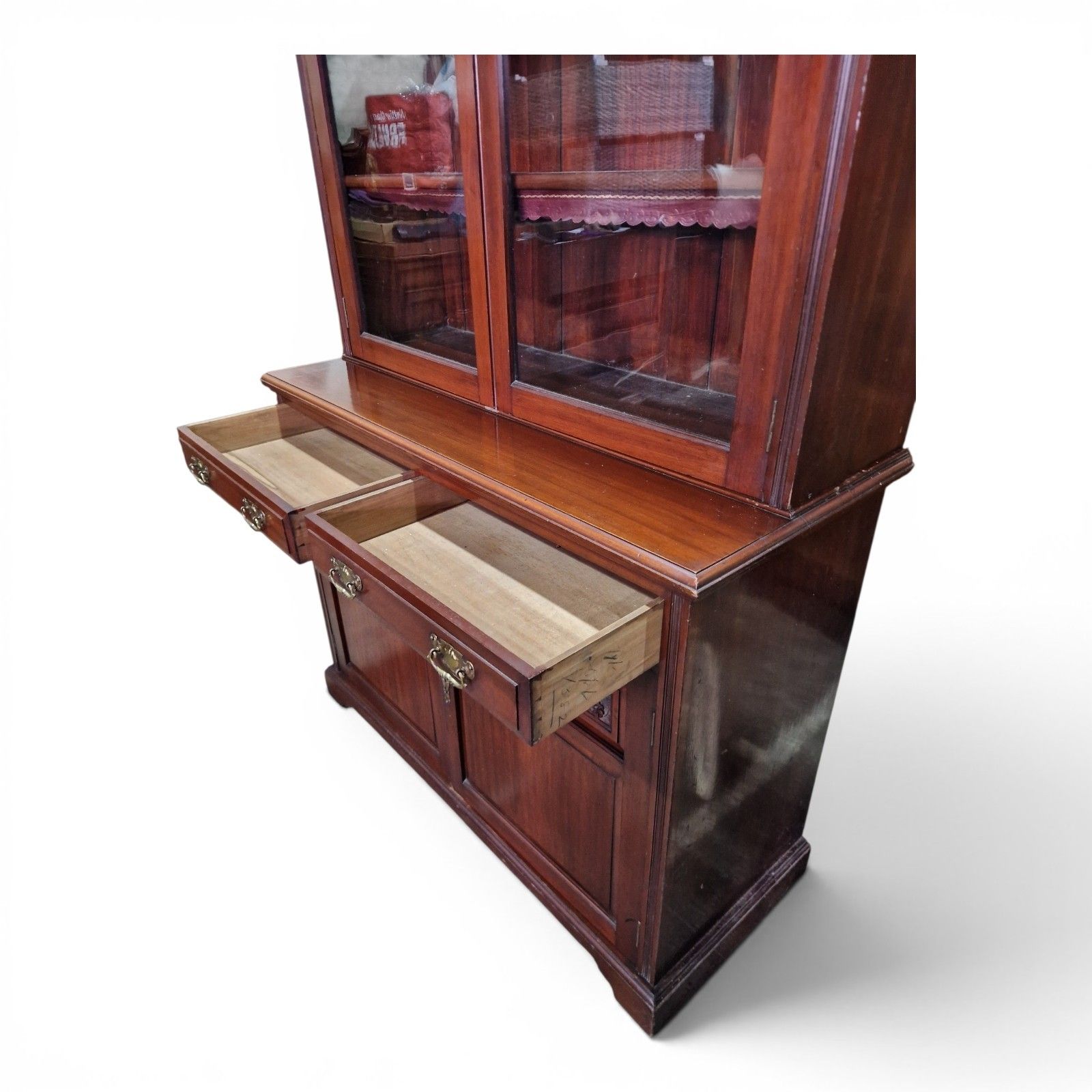 photo vintage Antique Walnut Bookcase Display Cabinet Glazed Cupboard Carved Edwardian