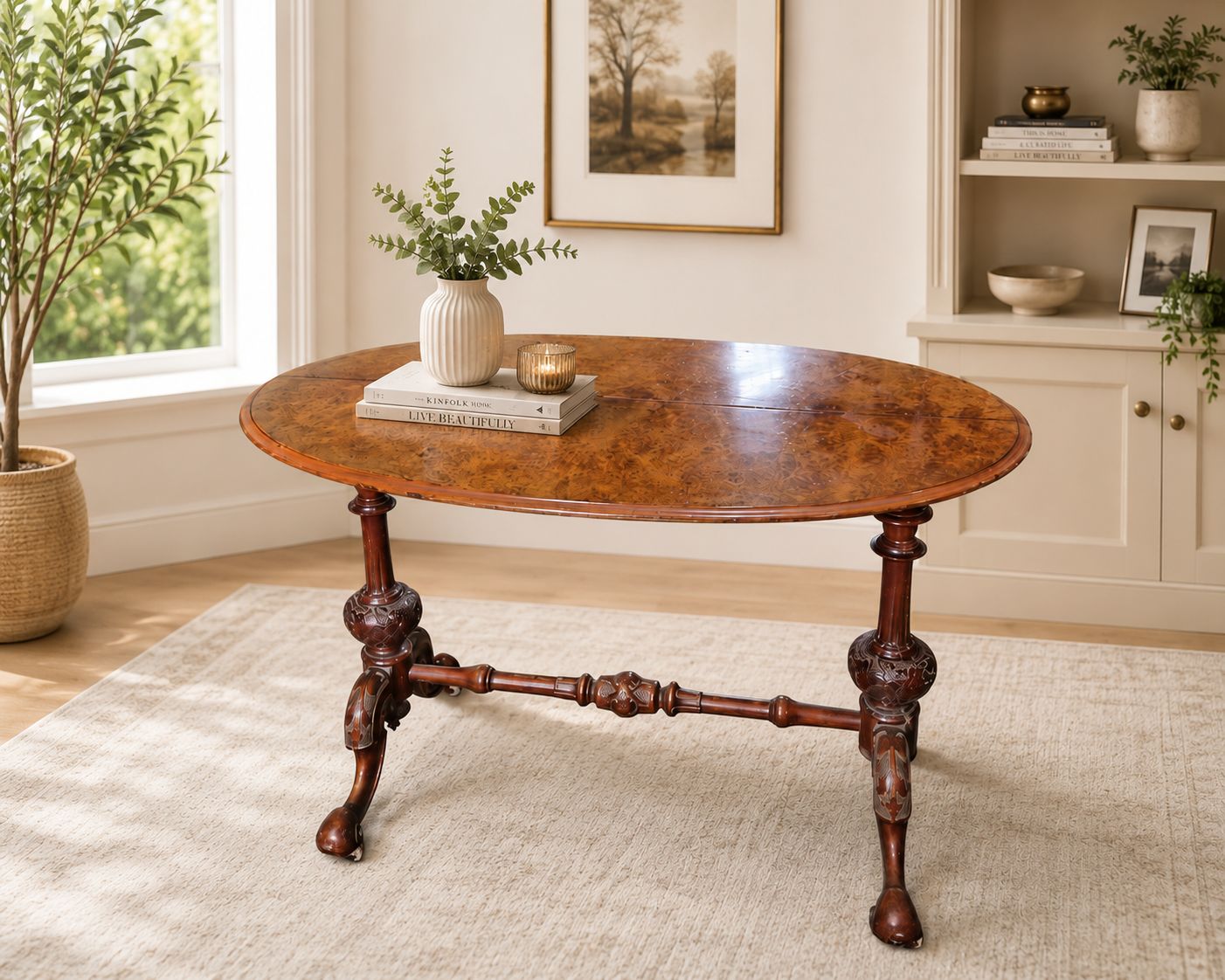 Antique Victorian Burr Walnut Oval Table Console Desk Centre Table Carved Base