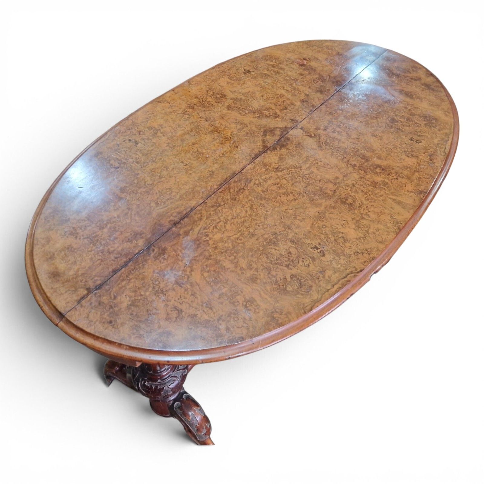 Antique Victorian Burr Walnut Oval Table Console Desk Centre Table Carved Base photo vinterior