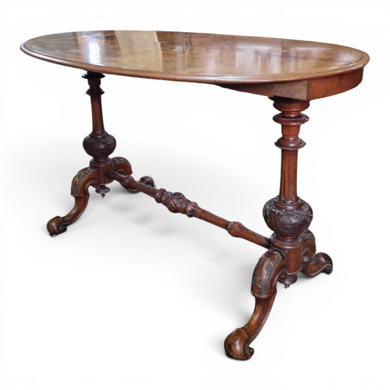 photo buy Antique Victorian Burr Walnut Oval Table Console Desk Centre Table Carved Base