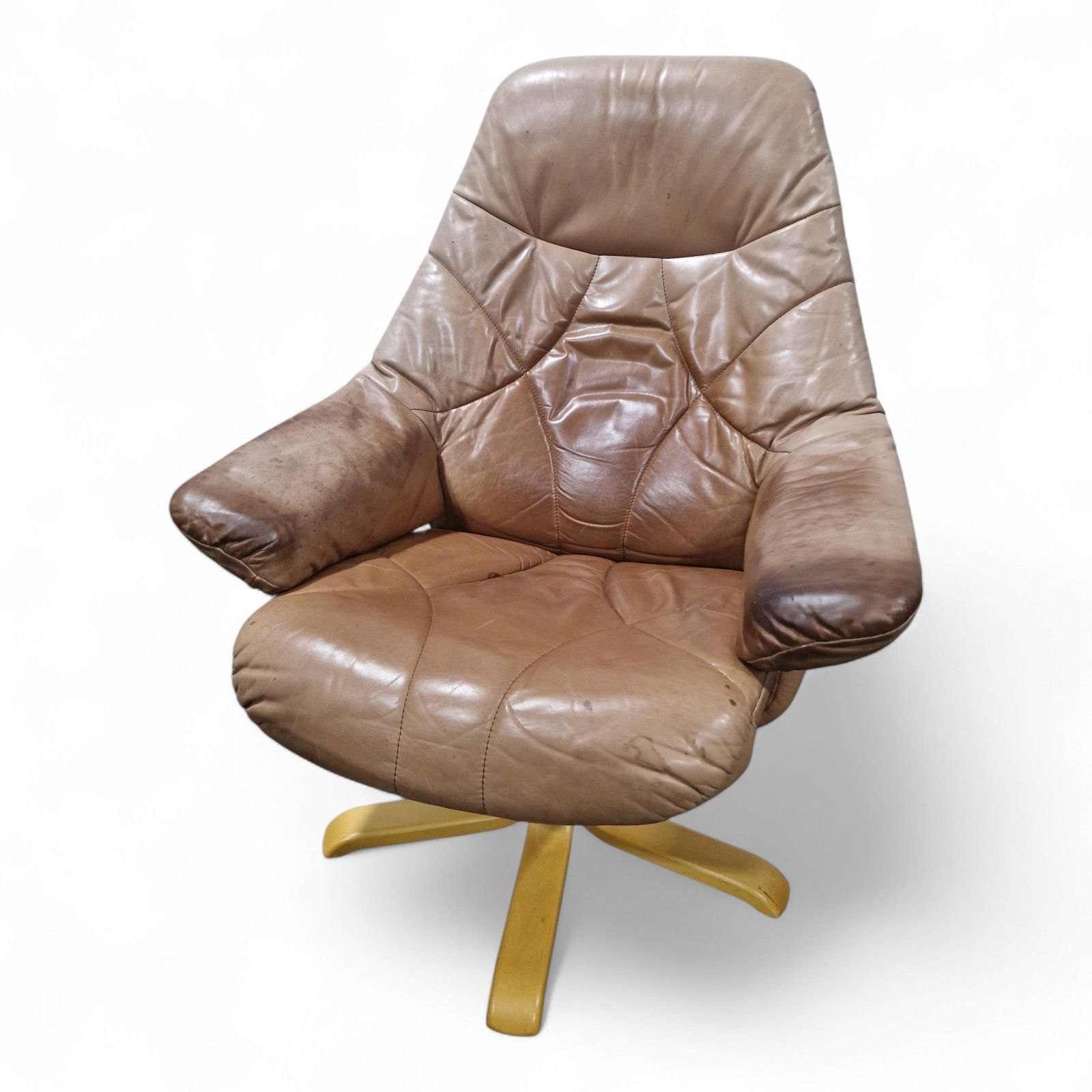 Vintage Leather Swivel Recliner Lounge Chair Danish Style Mid Century Armchair photo 125.0