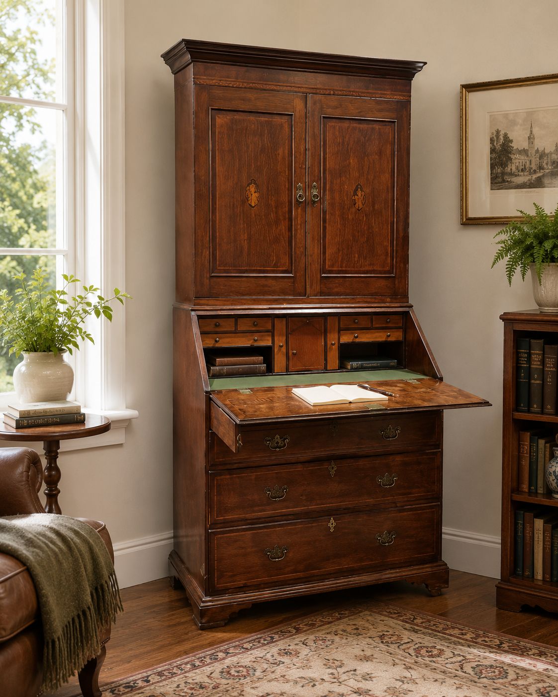 Victorian Oak Bureau Bookcase Georgian Revival Inlaid Writing Desk C1890 Tall