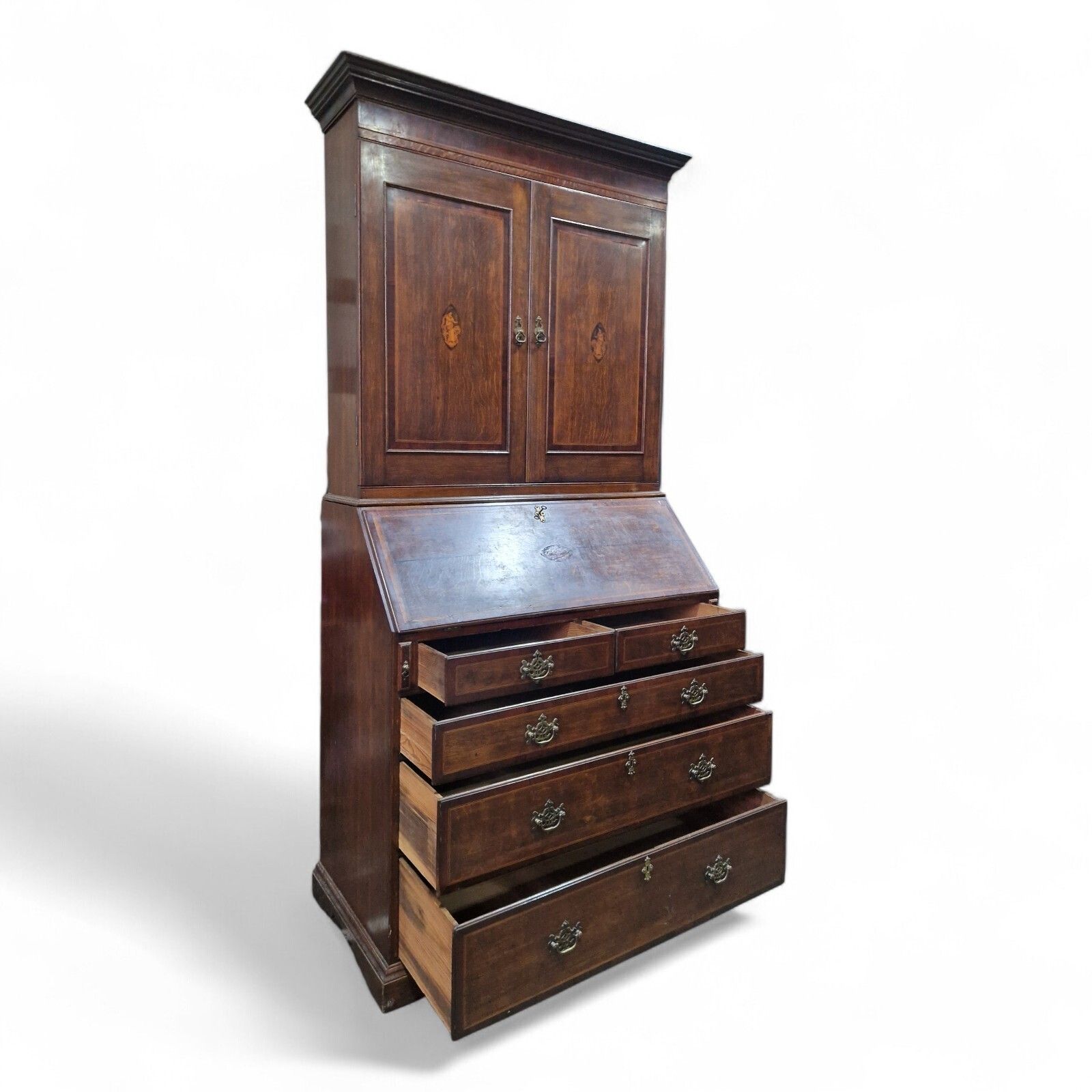 photo vinterior Victorian Oak Bureau Bookcase Georgian Revival Inlaid Writing Desk C1890 Tall