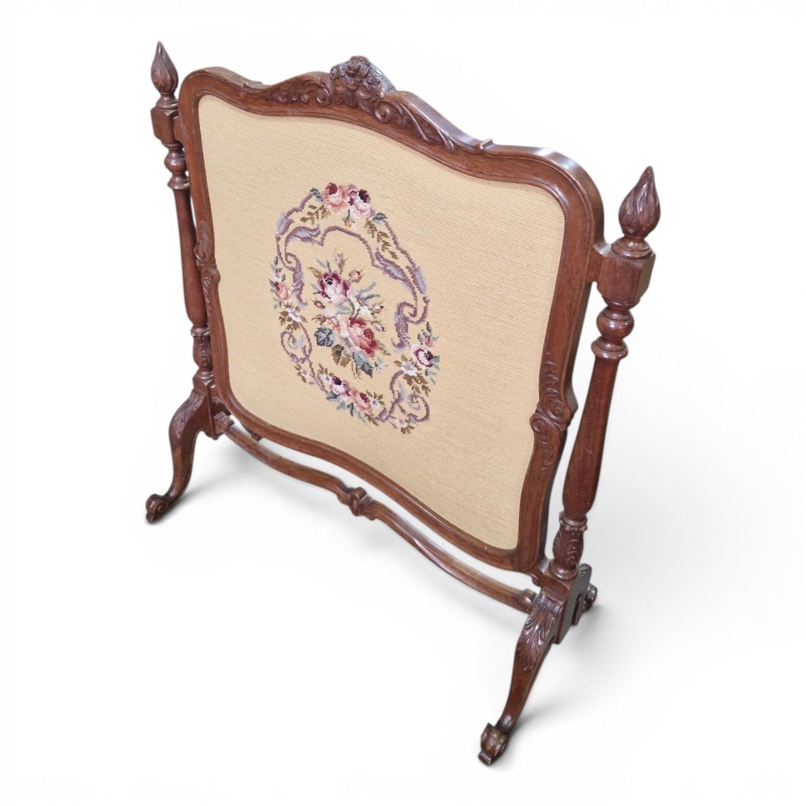 Antique Carved Walnut Firescreen Draught Screen Needlepoint Panel Victorian photo 150.0