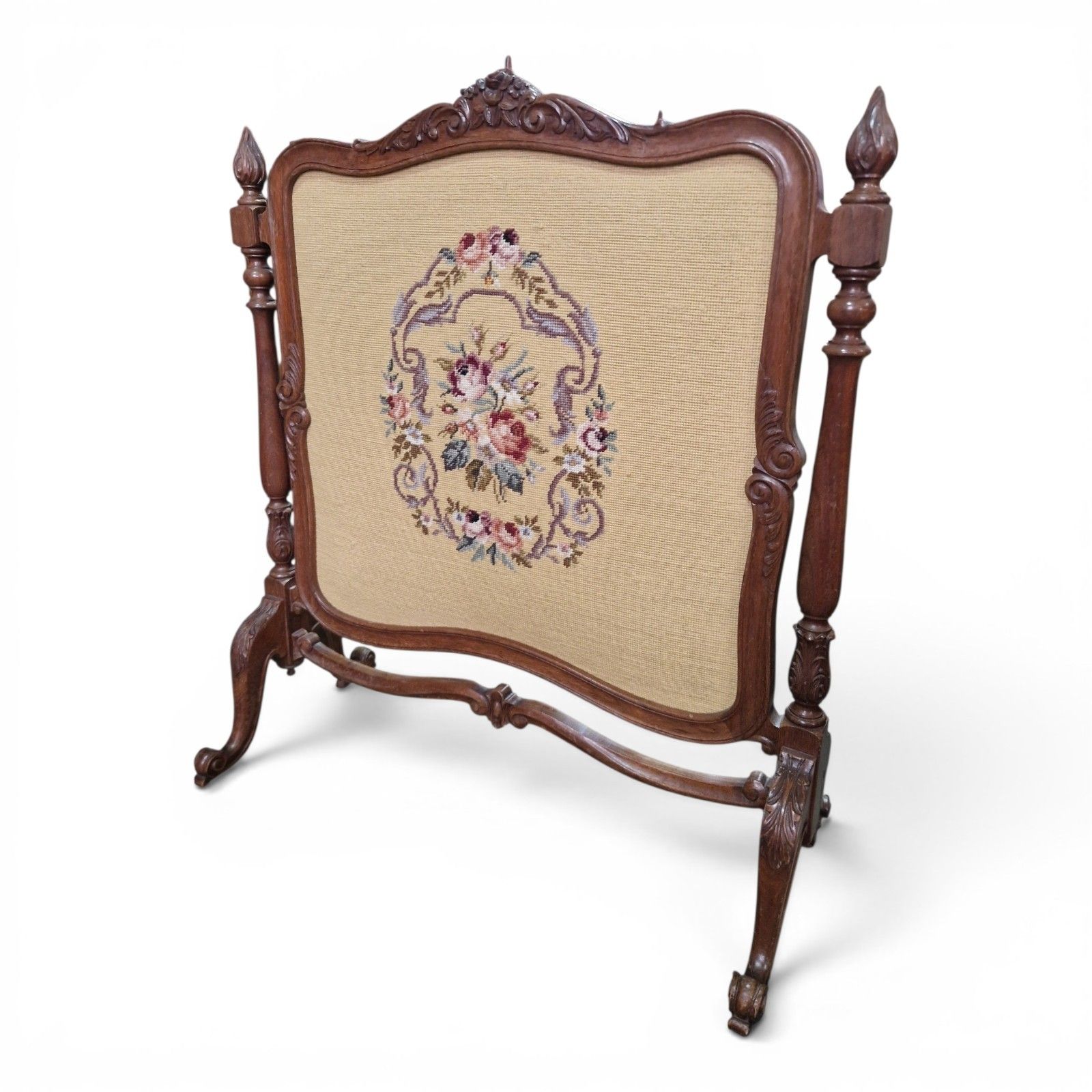 Antique Carved Walnut Firescreen Draught Screen Needlepoint Panel Victorian photo vinterior