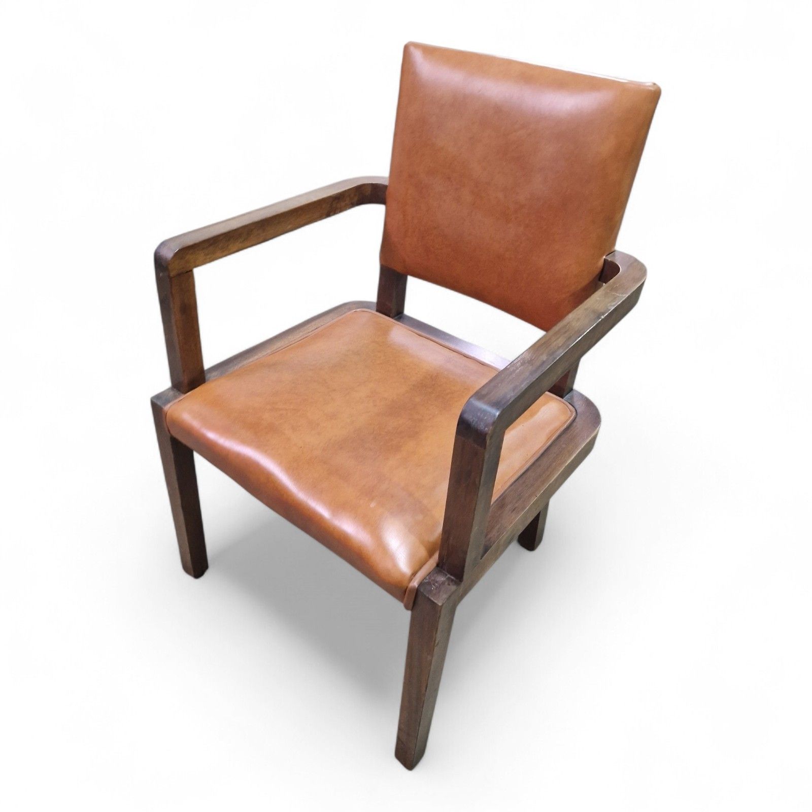 Art Deco Armchair Desk Chair Library Study Chair Tan Vinyl Wooden Arms photo 180.0