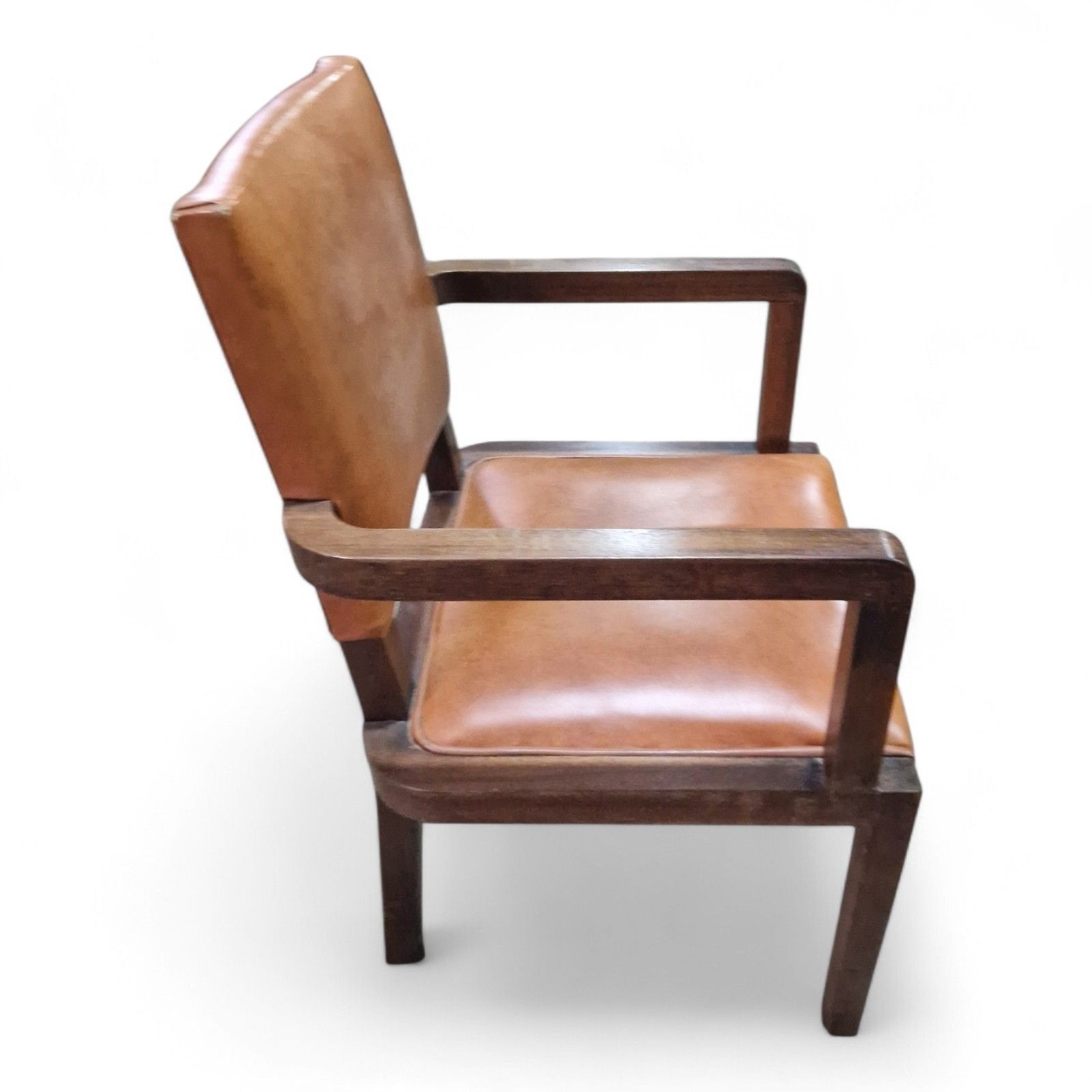 Art Deco Armchair Desk Chair Library Study Chair Tan Vinyl Wooden Arms photo vintage