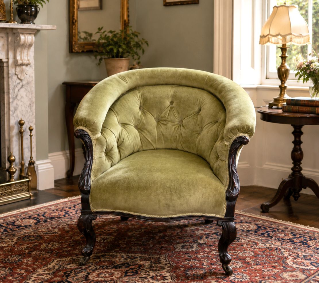 Antique Victorian Horseshoe Tub Chair Button Back Upholstered Salon Armchair