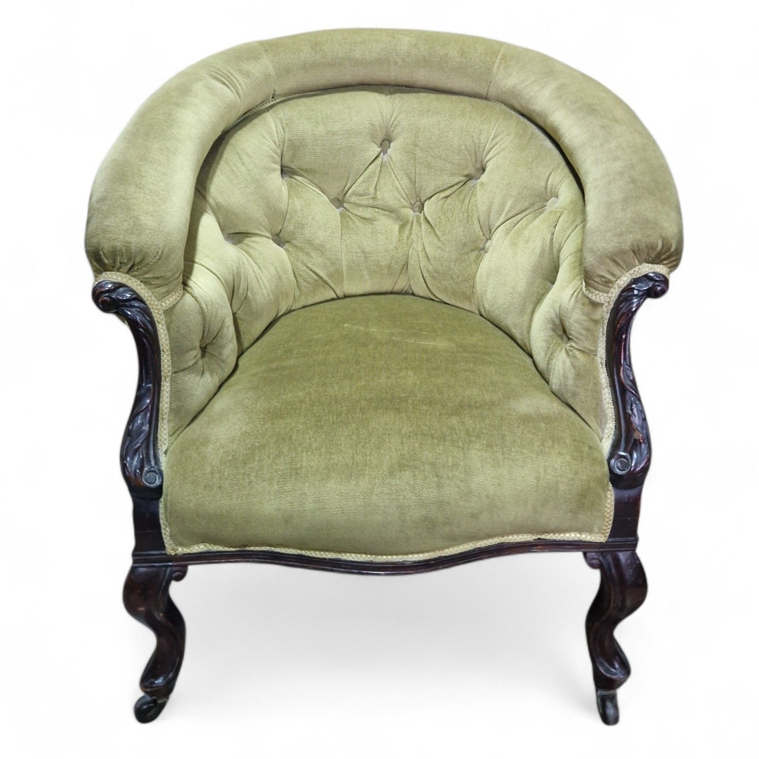 Antique Victorian Horseshoe Tub Chair Button Back Upholstered Salon Armchair photo for sale
