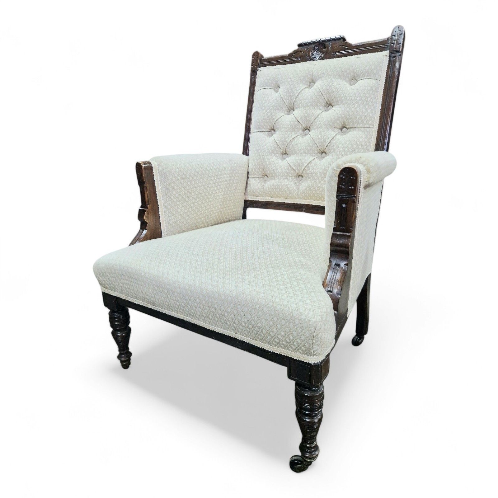 Antique Victorian Button Back Fireside Chair Upholstered Reading Armchair Carved photo for sale