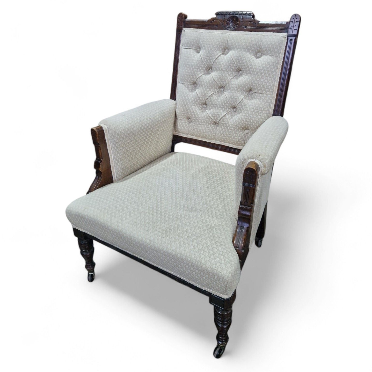 Antique Victorian Button Back Fireside Chair Upholstered Reading Armchair Carved photo Furniture