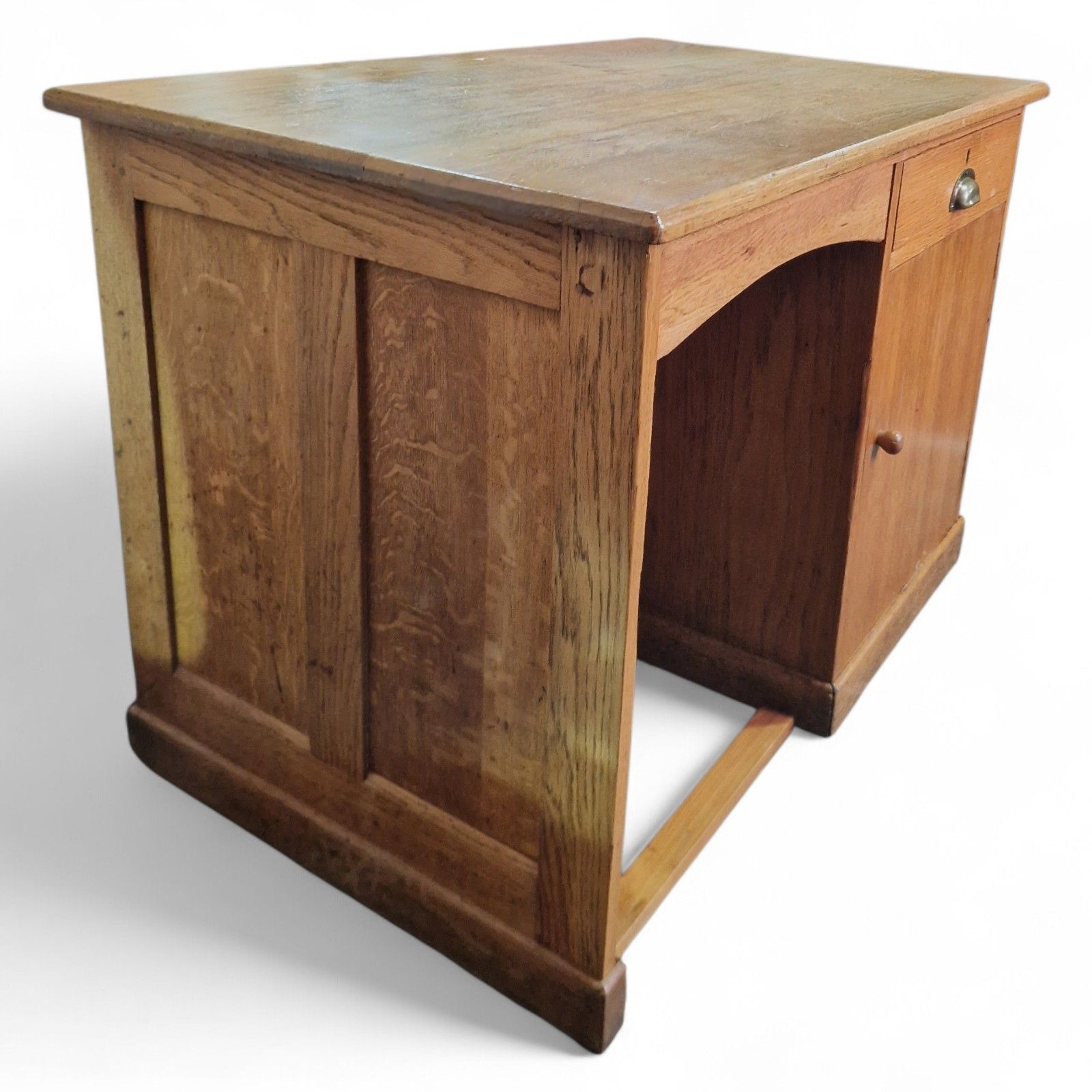 Antique Oak Single Pedestal Desk Industrial Writing Desk Panelled Office Desk photo for sale