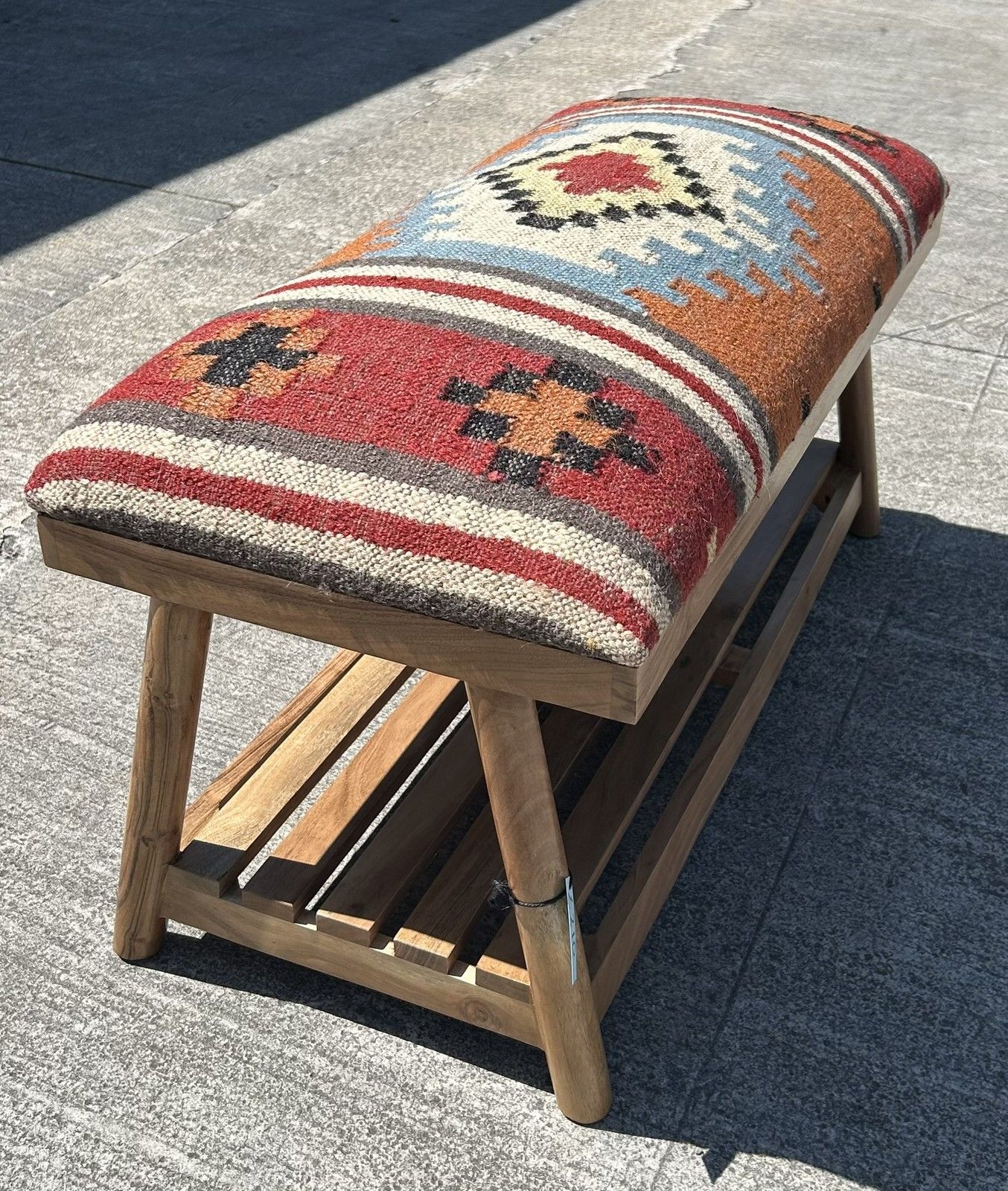 Furniture Beautiful Contemporary Kilim Kelem Flat Weave Upholstered Bench Seat With Rack photo