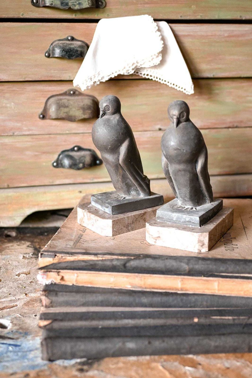 Art Deco Pigeon Bookends | Pair Spelter Bird Sculptures | Pink Marble Base | French 1930s | Desk Library Decor photo Home Decor