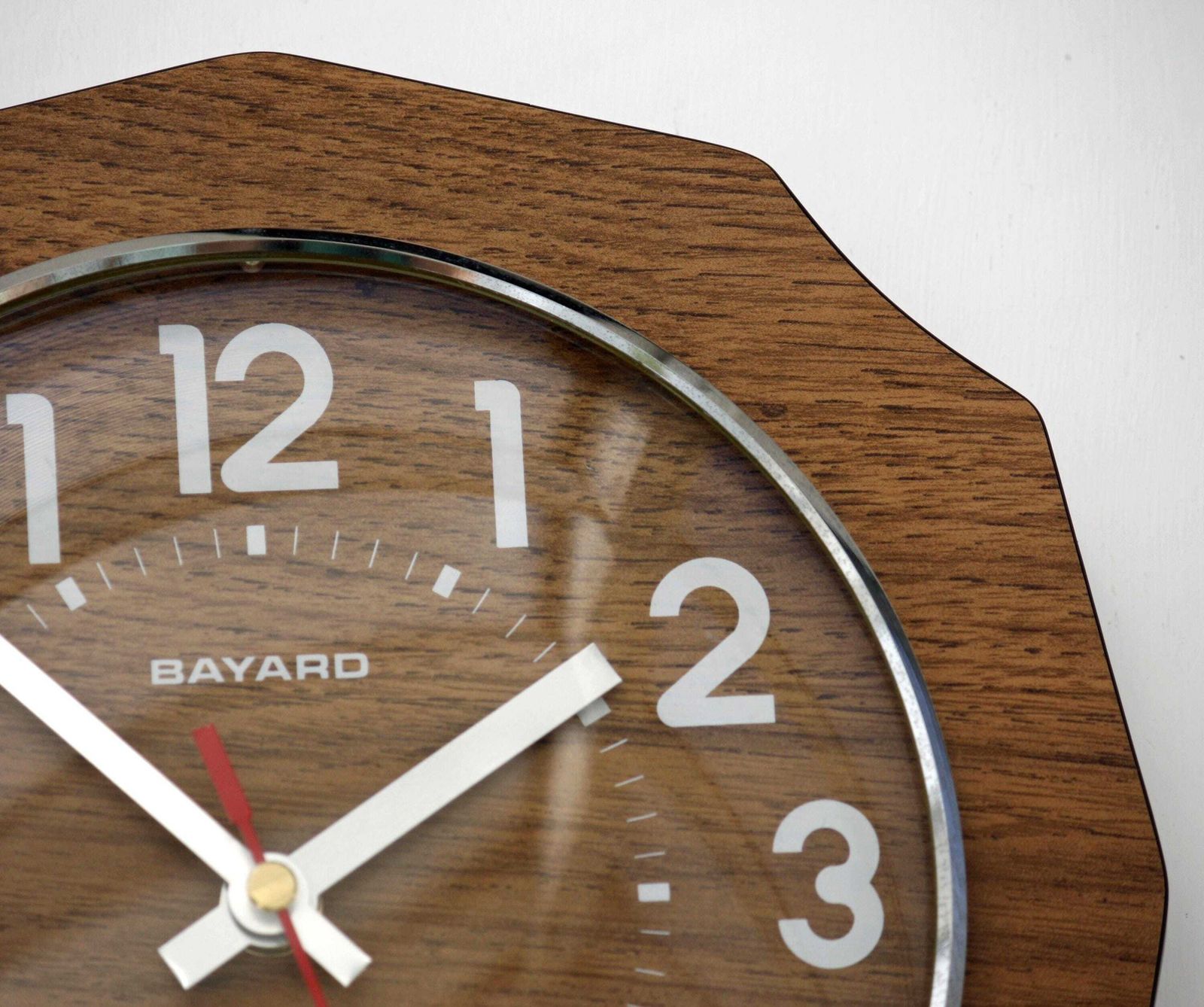 Vintage Bayard Wall Clock   24cm Mid Century Style Wooden Formica Retro French 1970s Atomic Gift Off The Wall Clocks photo for sale