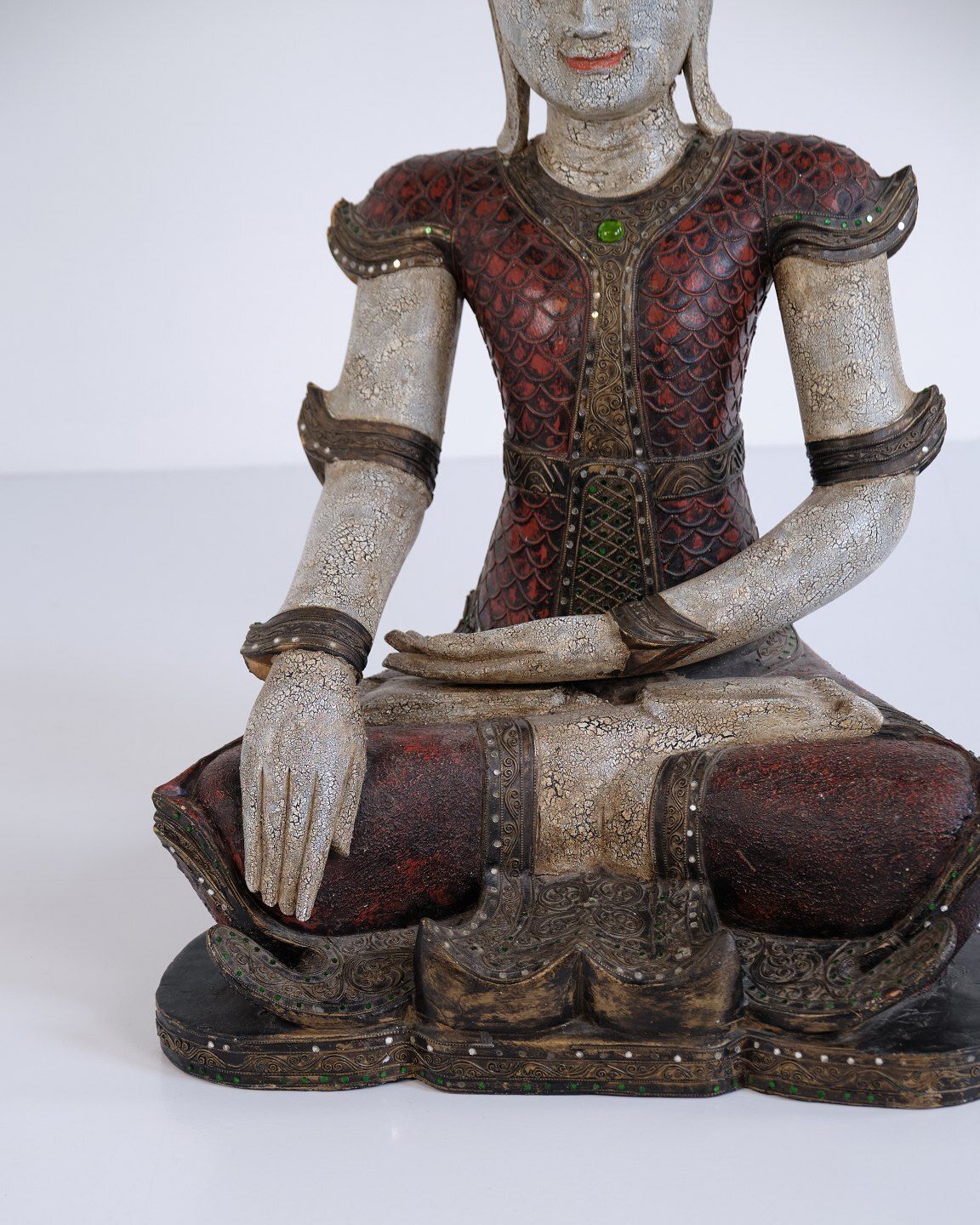 Buddha Figure In Carved Wood With Reddish Patina From Thailand, 1920s photo vinterior