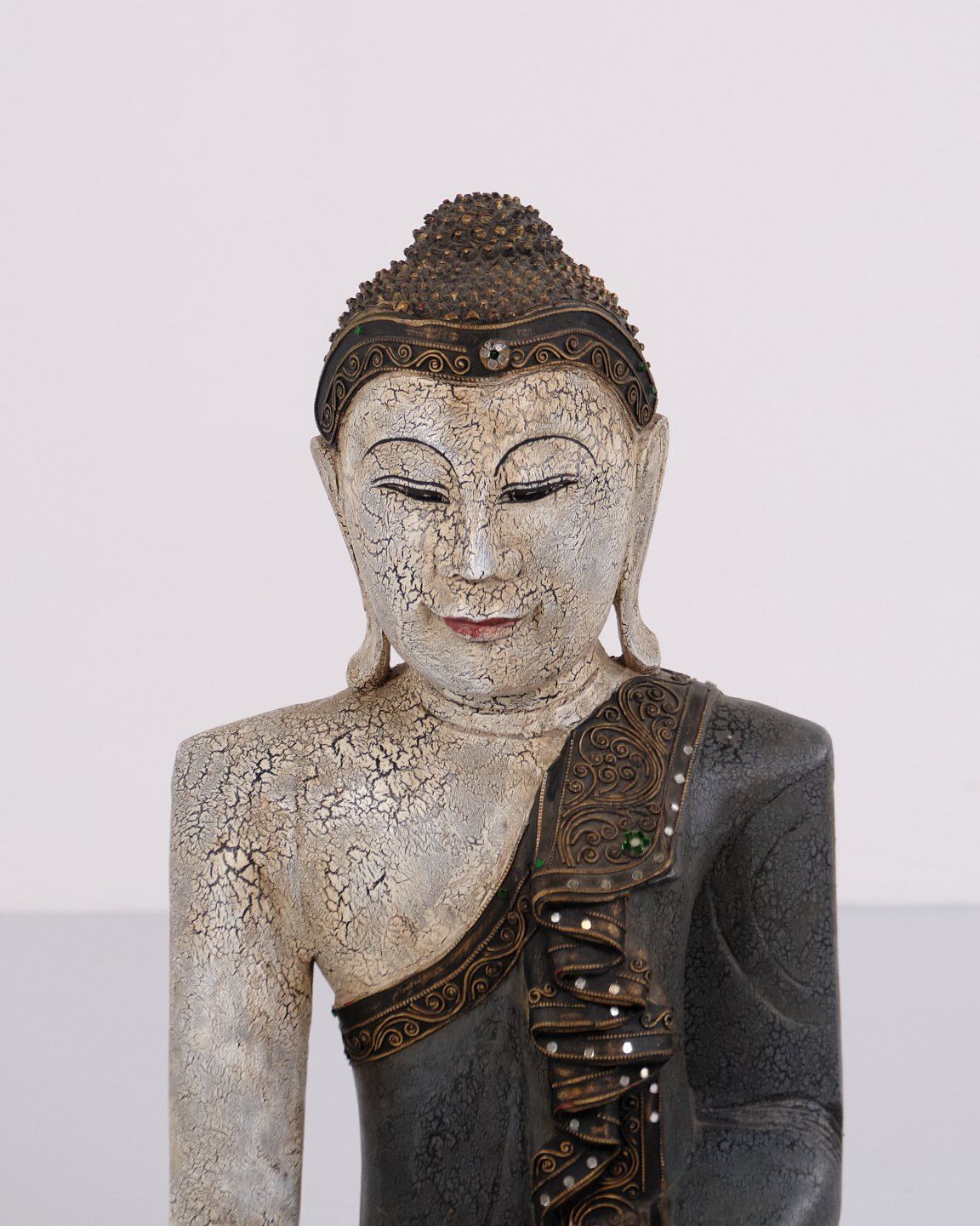 Buddha Figure In Carved Wood With Light And Blue Toned Patina From Thailand, 1920s photo vinterior