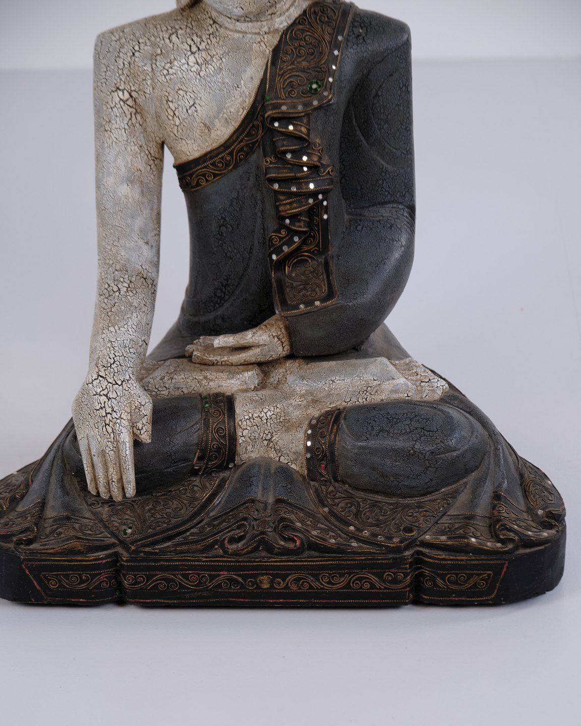 Buddha Figure In Carved Wood With Light And Blue Toned Patina From Thailand, 1920s photo buy
