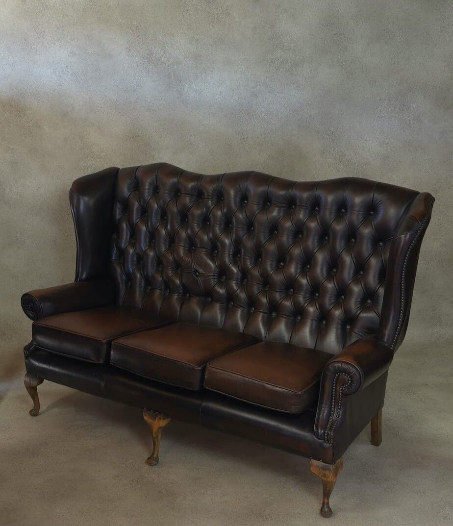 Vintage Queen Anne Style High Back Brown Leather Chesterfield Sofa