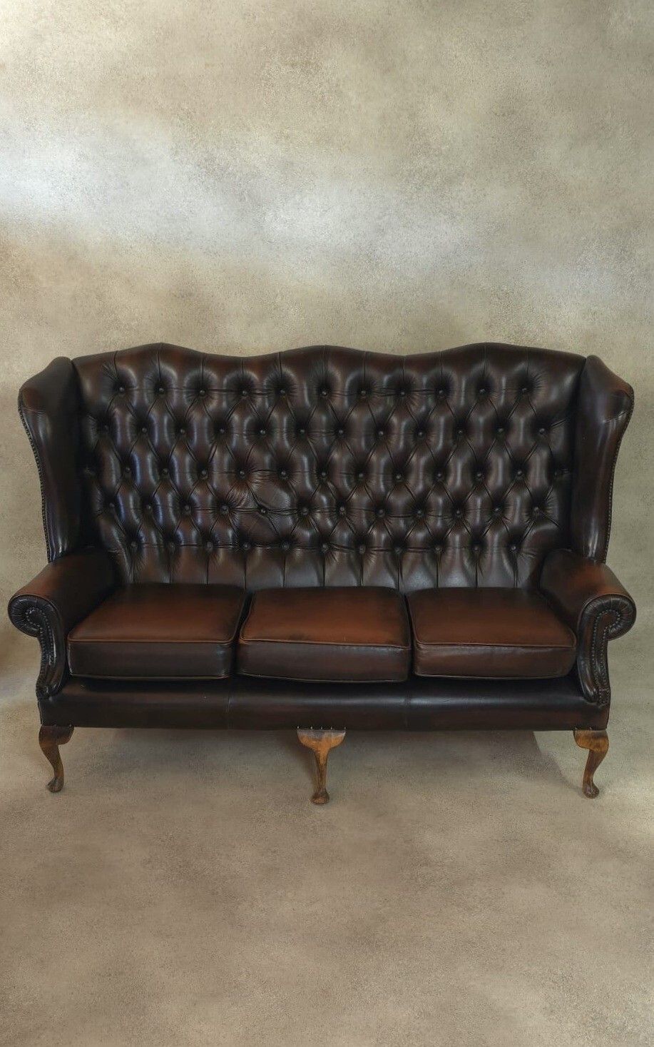 Vintage Queen Anne Style High Back Brown Leather Chesterfield Sofa photo furniture