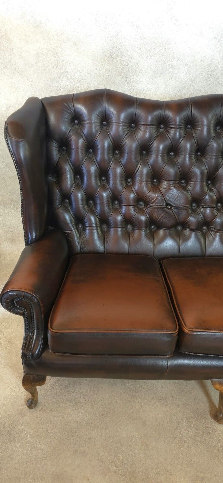 Vintage Queen Anne Style High Back Brown Leather Chesterfield Sofa photo buy