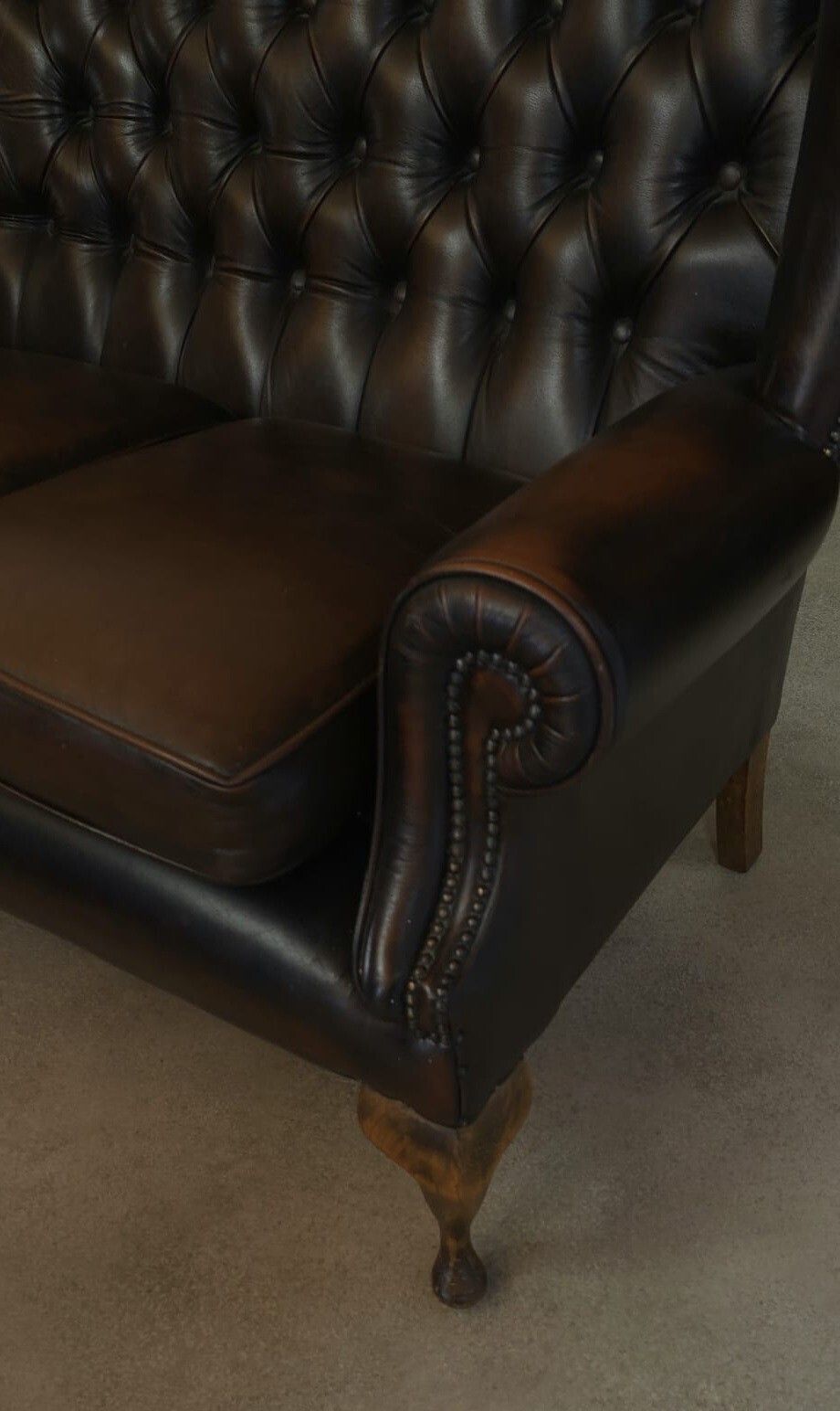 Furniture Vintage Queen Anne Style High Back Brown Leather Chesterfield Sofa photo
