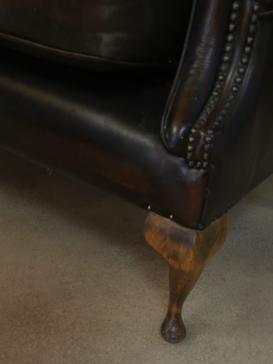 525.0 Vintage Queen Anne Style High Back Brown Leather Chesterfield Sofa photo