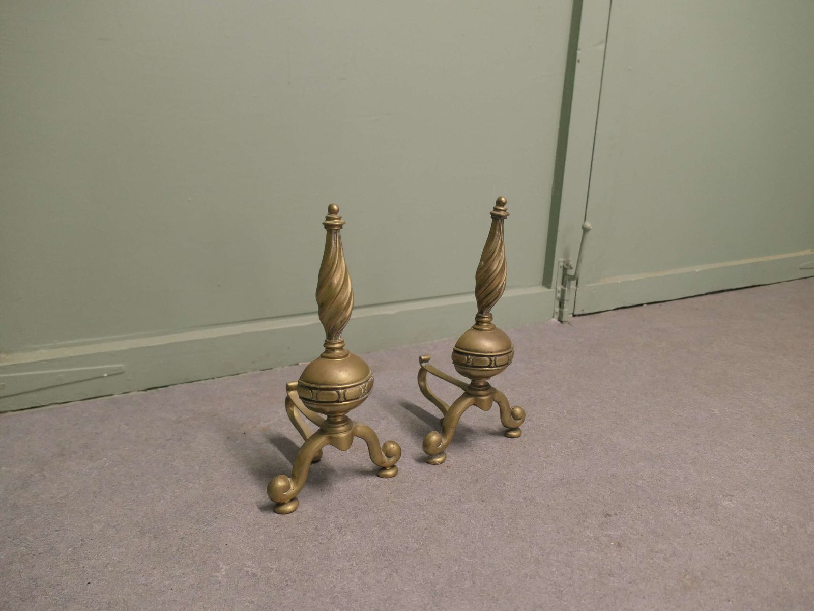 Pair Of French Brass Andirons, Fire Dogs Or Chenets This Is A Beautifully Shaped Pair photo for sale