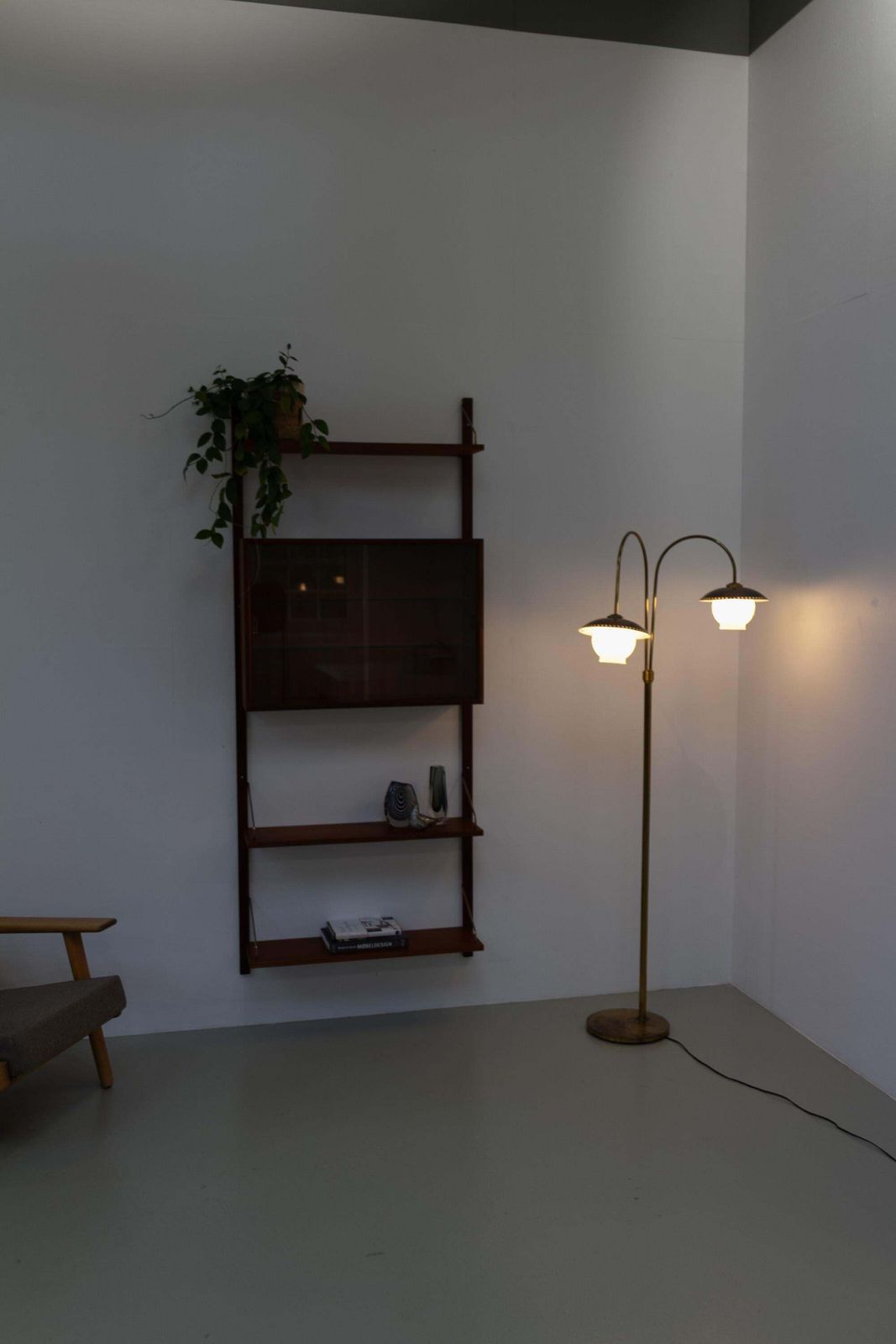 Scandinavian Art Deco Floor Lamp In Brass And Glass, 1920s. photo for sale