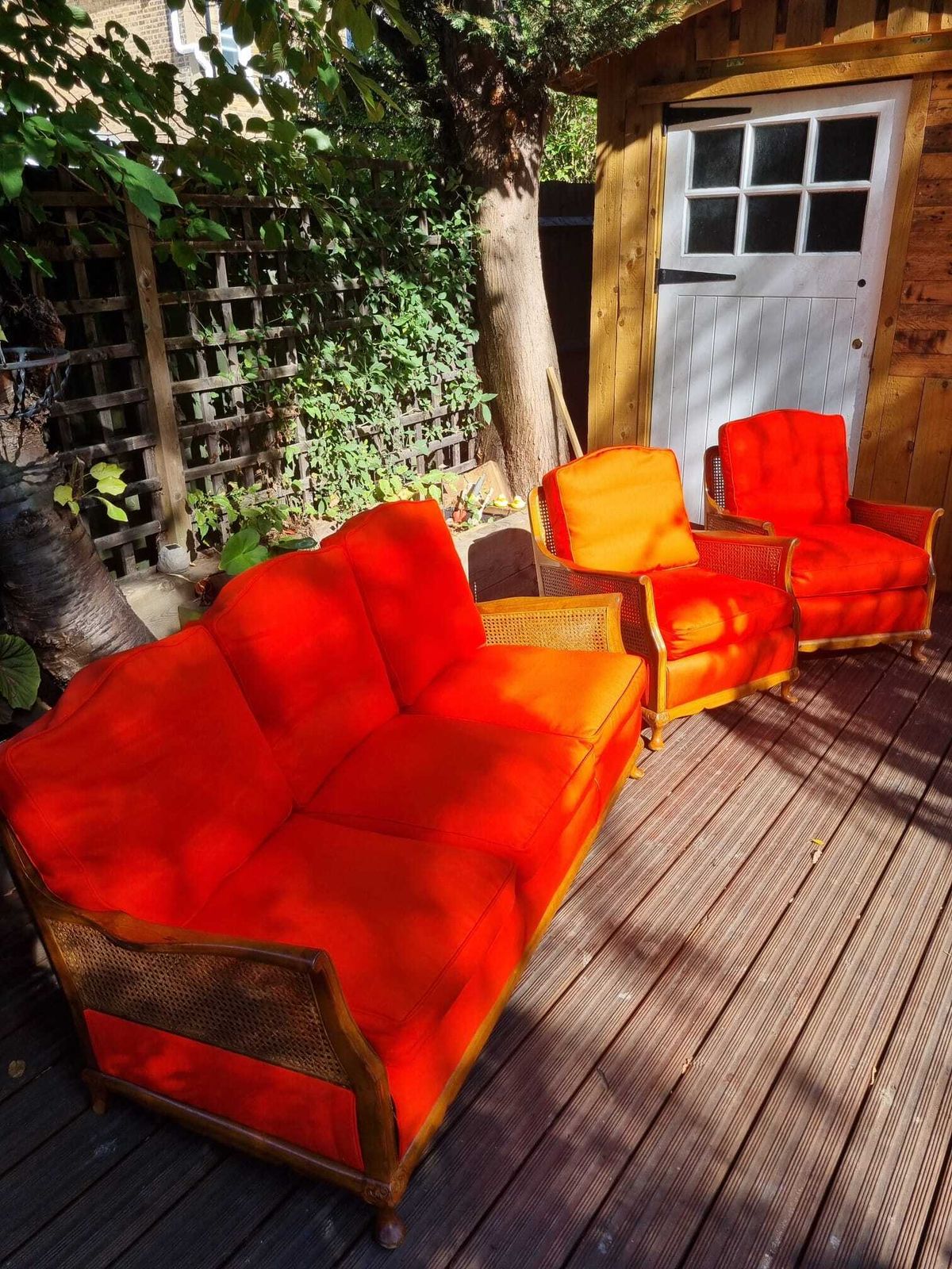 1920s French Style Bergere Suite   Burnt Orange, Walnut & Double Walled Cane