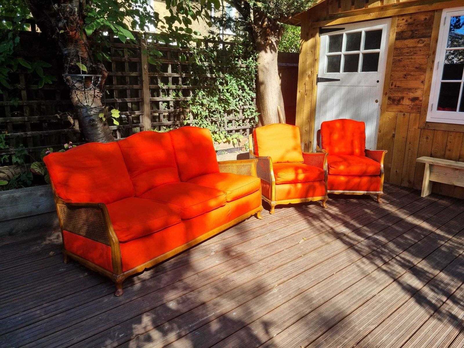 1920s French Style Bergere Suite   Burnt Orange, Walnut & Double Walled Cane photo furniture