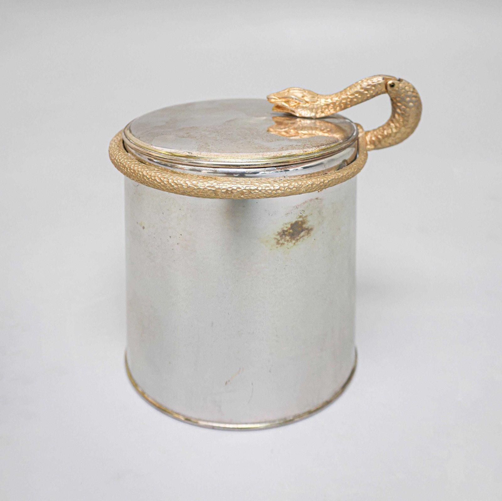 Vintage French Silver Plated Ice Bucket With Brass Snake Handle, 1970s photo for sale