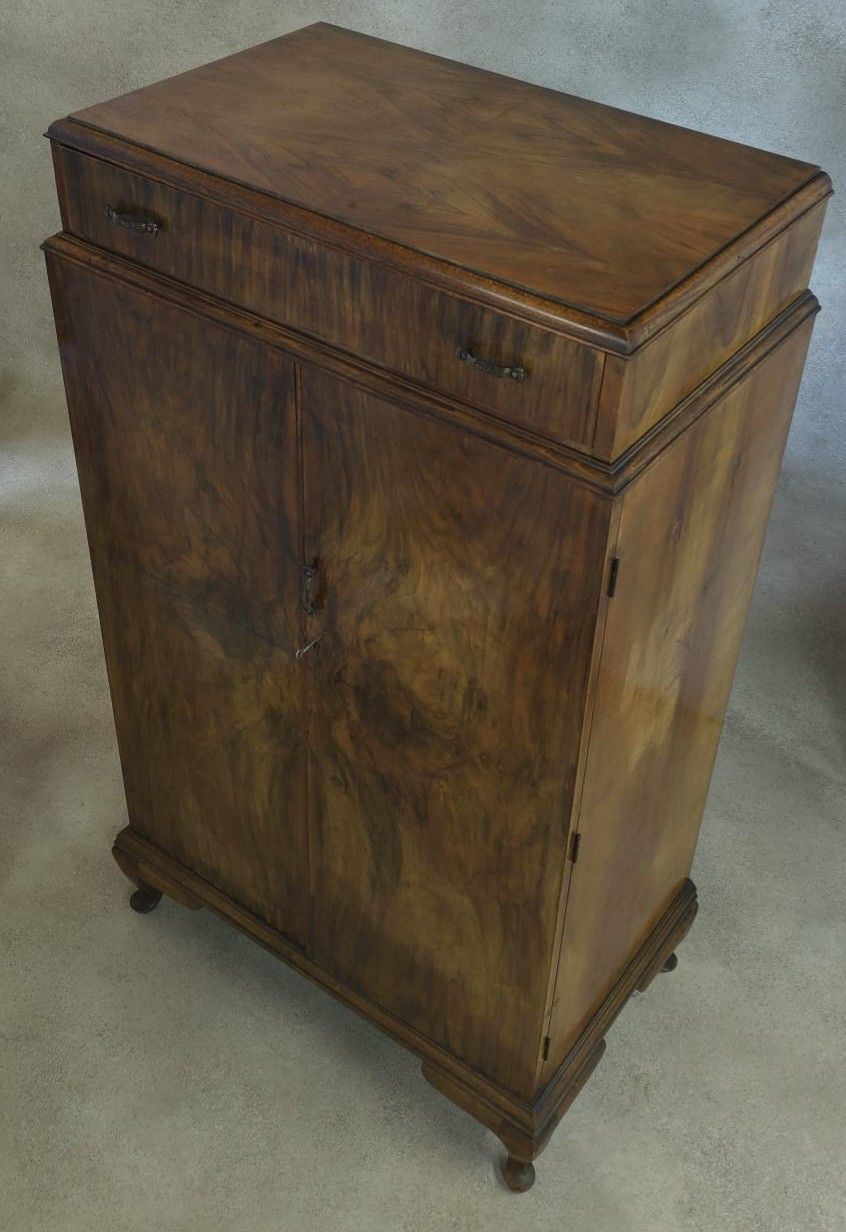 photo for sale Vintage Art Deco Burr Walnut Compactum Tallboy 1930s Linen Cabinet