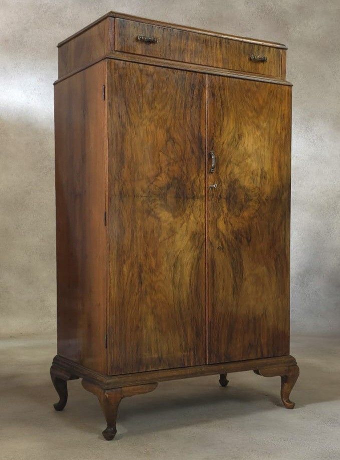 Furniture Vintage Art Deco Burr Walnut Compactum Tallboy 1930s Linen Cabinet photo
