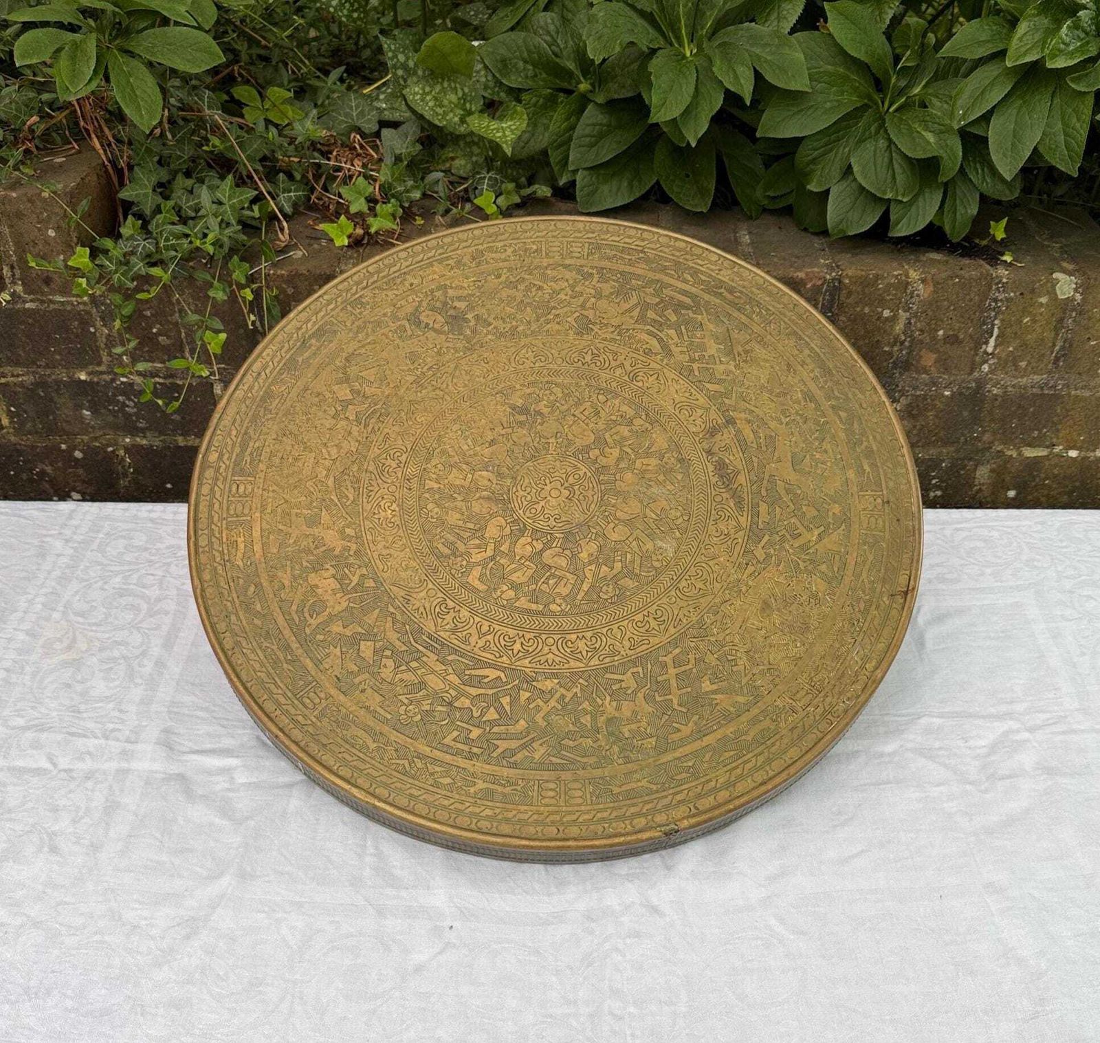 Early 1900s Banaras Benares Engraved Brass Table Top Wall Plaque, Brass Wall Plate Or Brass Charger