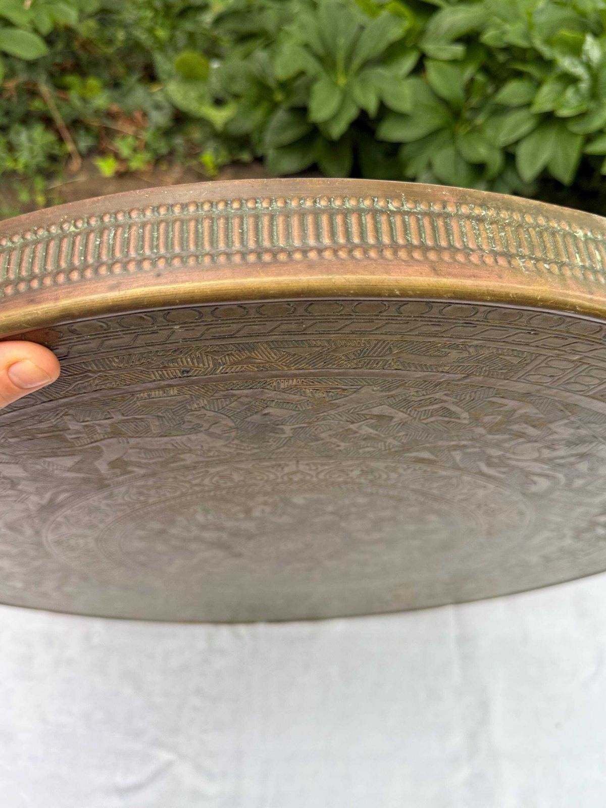 Early 1900s Banaras Benares Engraved Brass Table Top Wall Plaque, Brass Wall Plate Or Brass Charger photo Art
