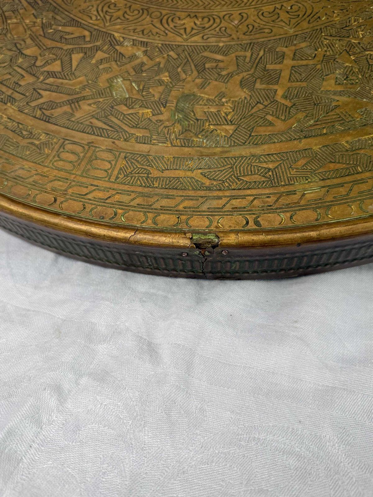 Early 1900s Banaras Benares Engraved Brass Table Top Wall Plaque, Brass Wall Plate Or Brass Charger photo vintage