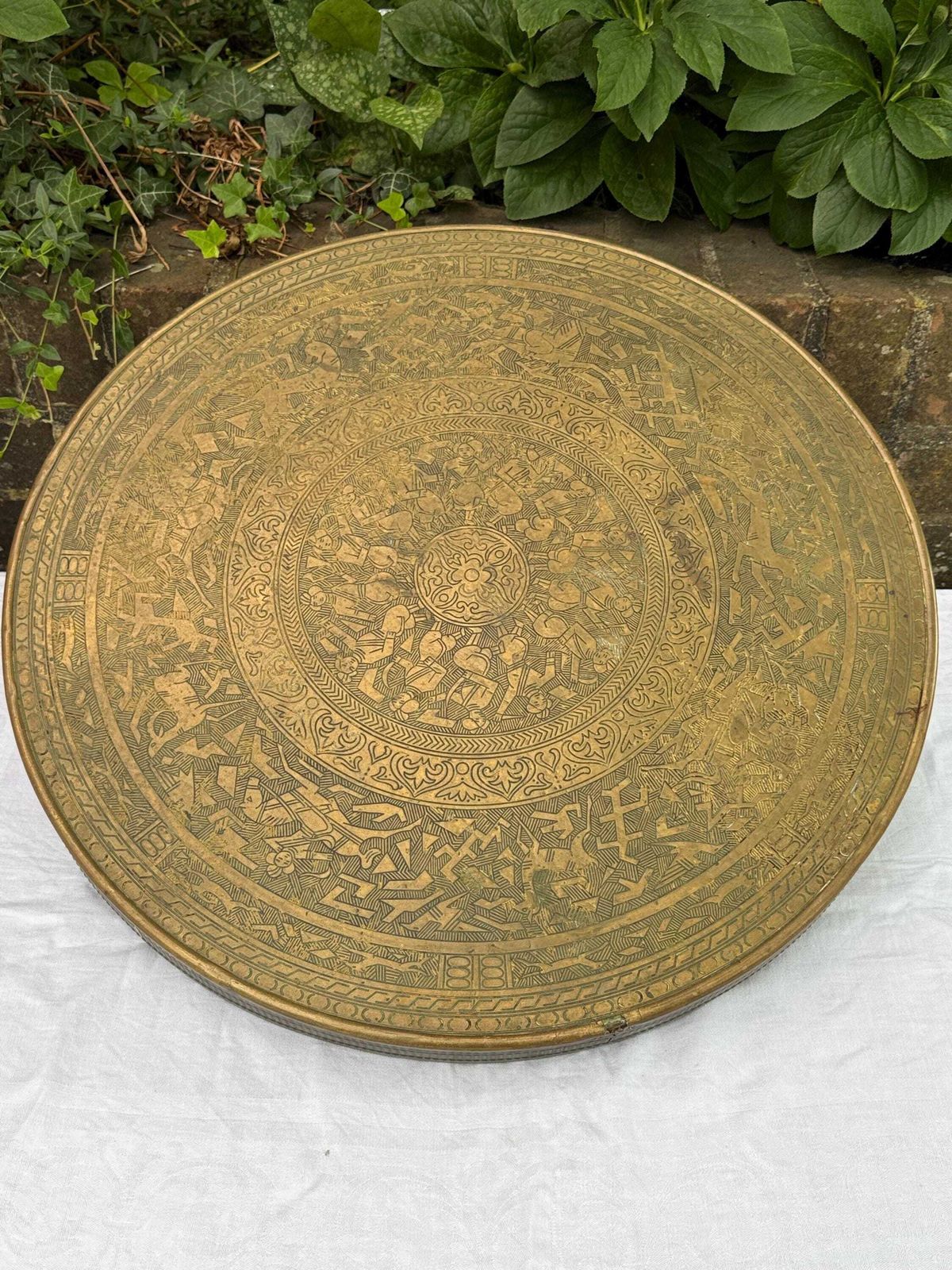 Art Early 1900s Banaras Benares Engraved Brass Table Top Wall Plaque, Brass Wall Plate Or Brass Charger photo