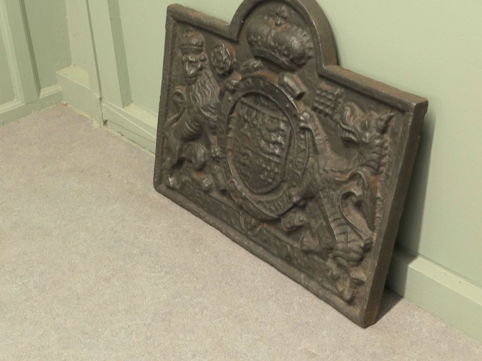 Large Iron Fire Back, Royal Crest And Motto. photo furniture