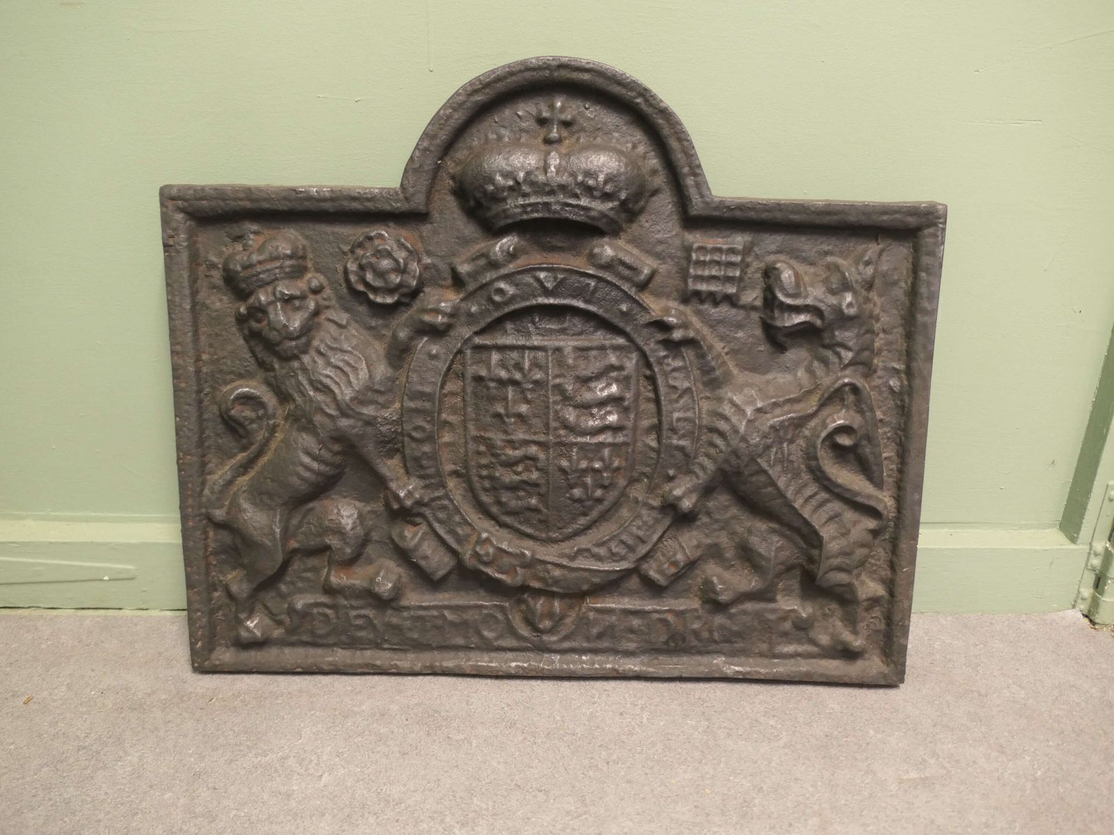 Large Iron Fire Back, Royal Crest And Motto. photo for sale