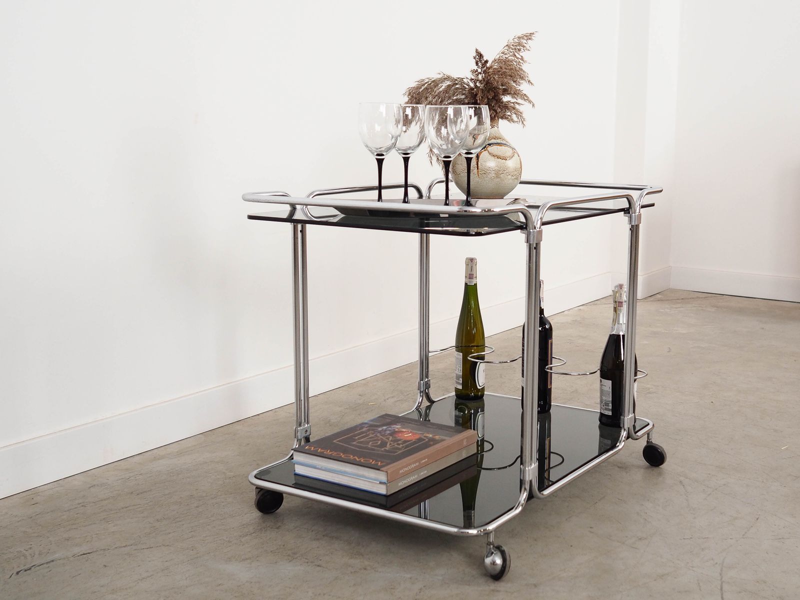 Glass Bar Cabinet On Castors, Italian Design, 1970s, Made In Italy photo vinterior