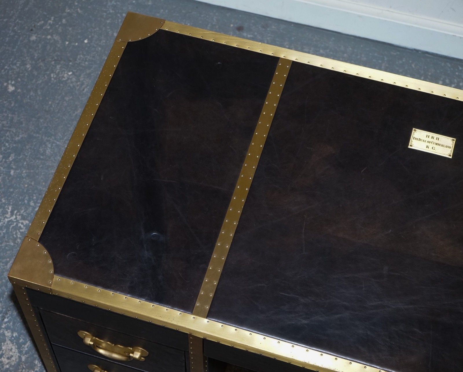 photo for sale Timothy Oulton Cumberland Collection Aged Leather Desk Red Velvet Lining