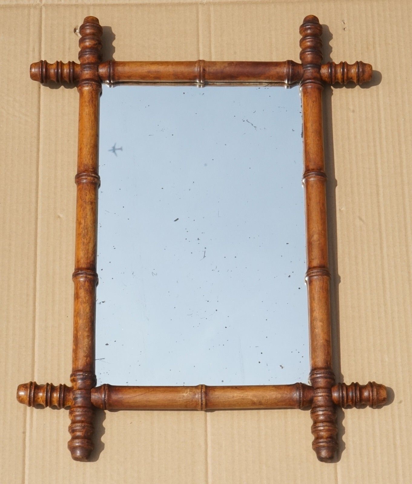 Antique English Decorative Faux Bamboo Wall Mirror With Light Foxing Glass