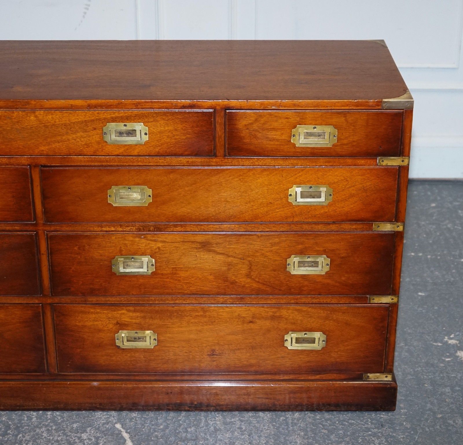 Vintage Yew Wood Military Campaign Sideboard Bank Of Drawers With Brass Handles photo 3250.0