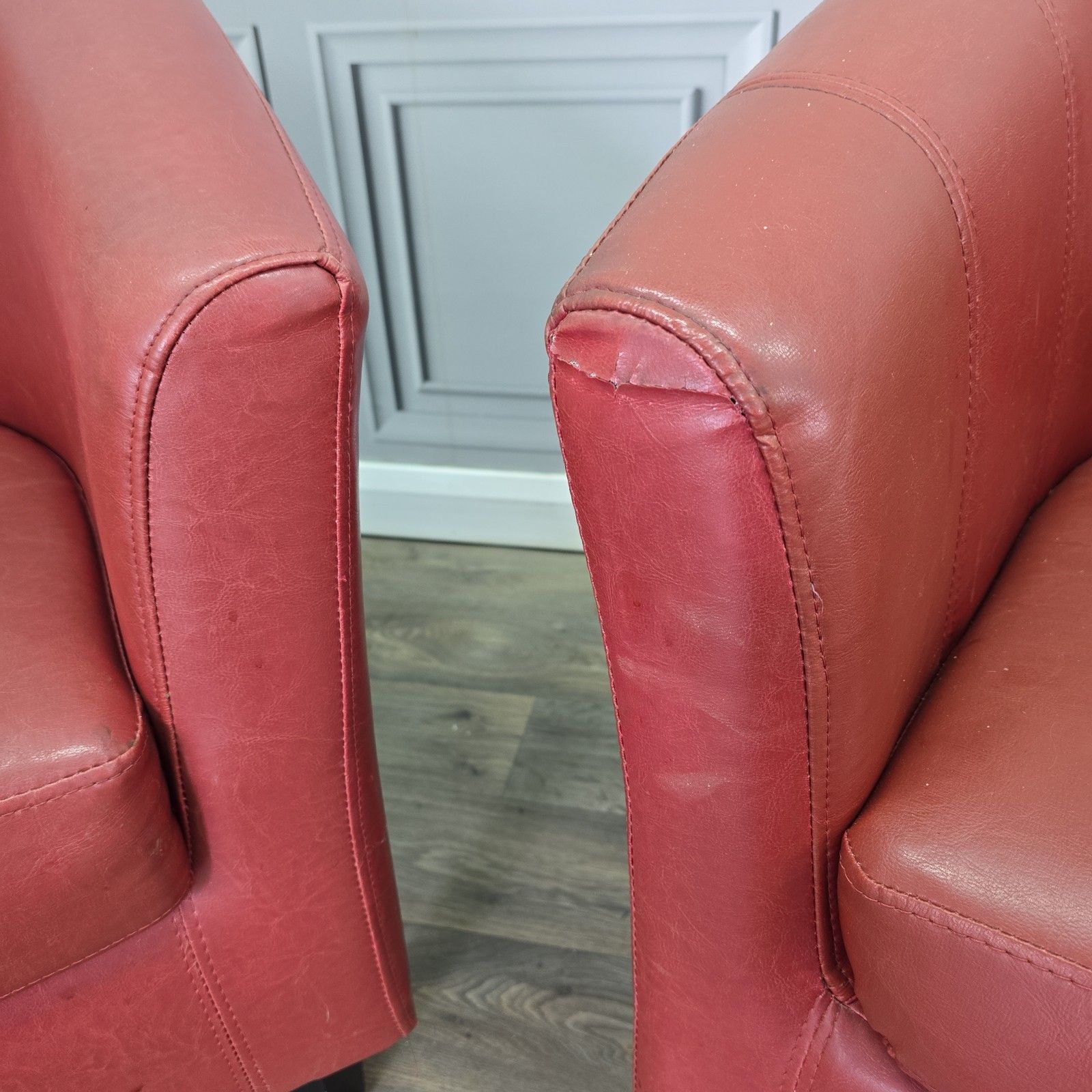Vintage Tub Chair And Two Seater Sofa Red Vinyl Faux Leather Lounge Suite photo buy