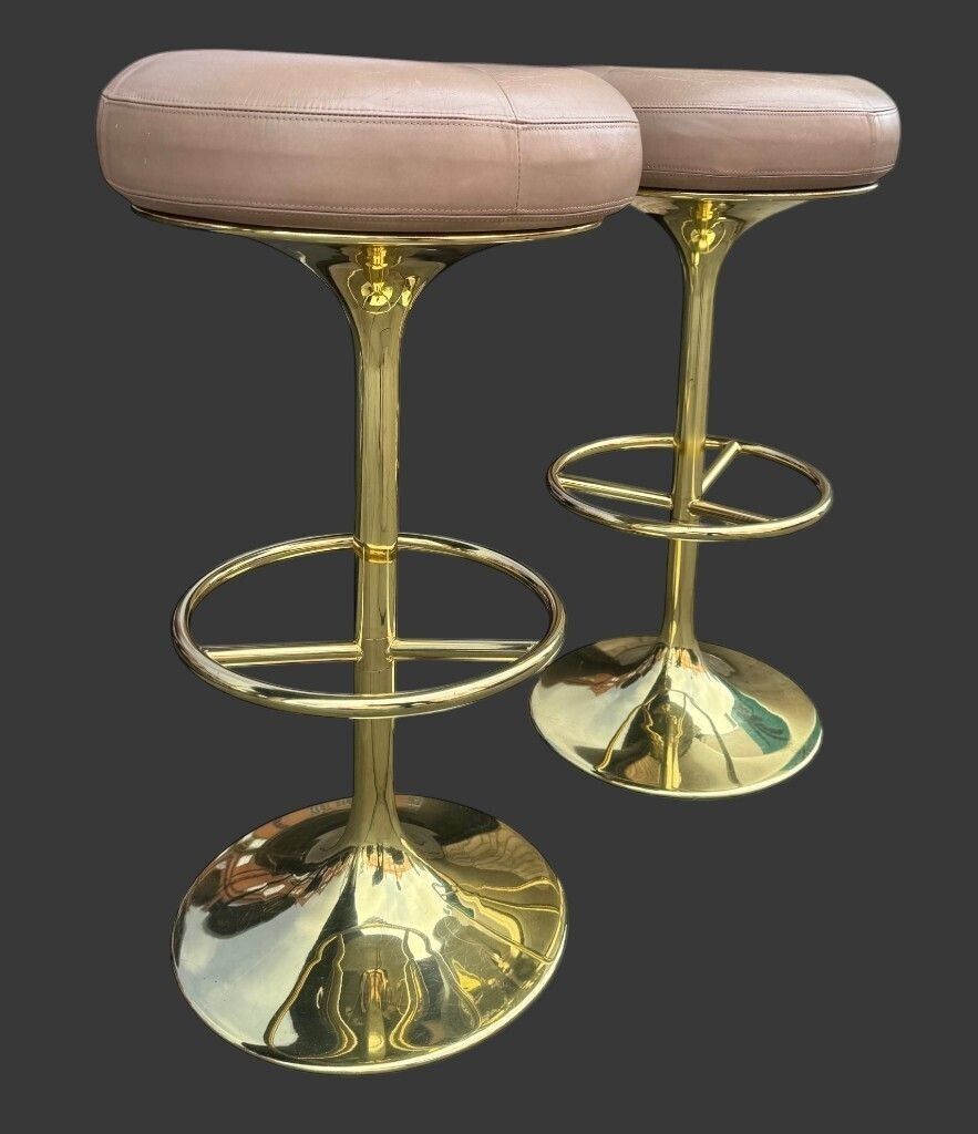 A Pair Of 1970s Gilt Metal And Leather Bar Stools photo for sale
