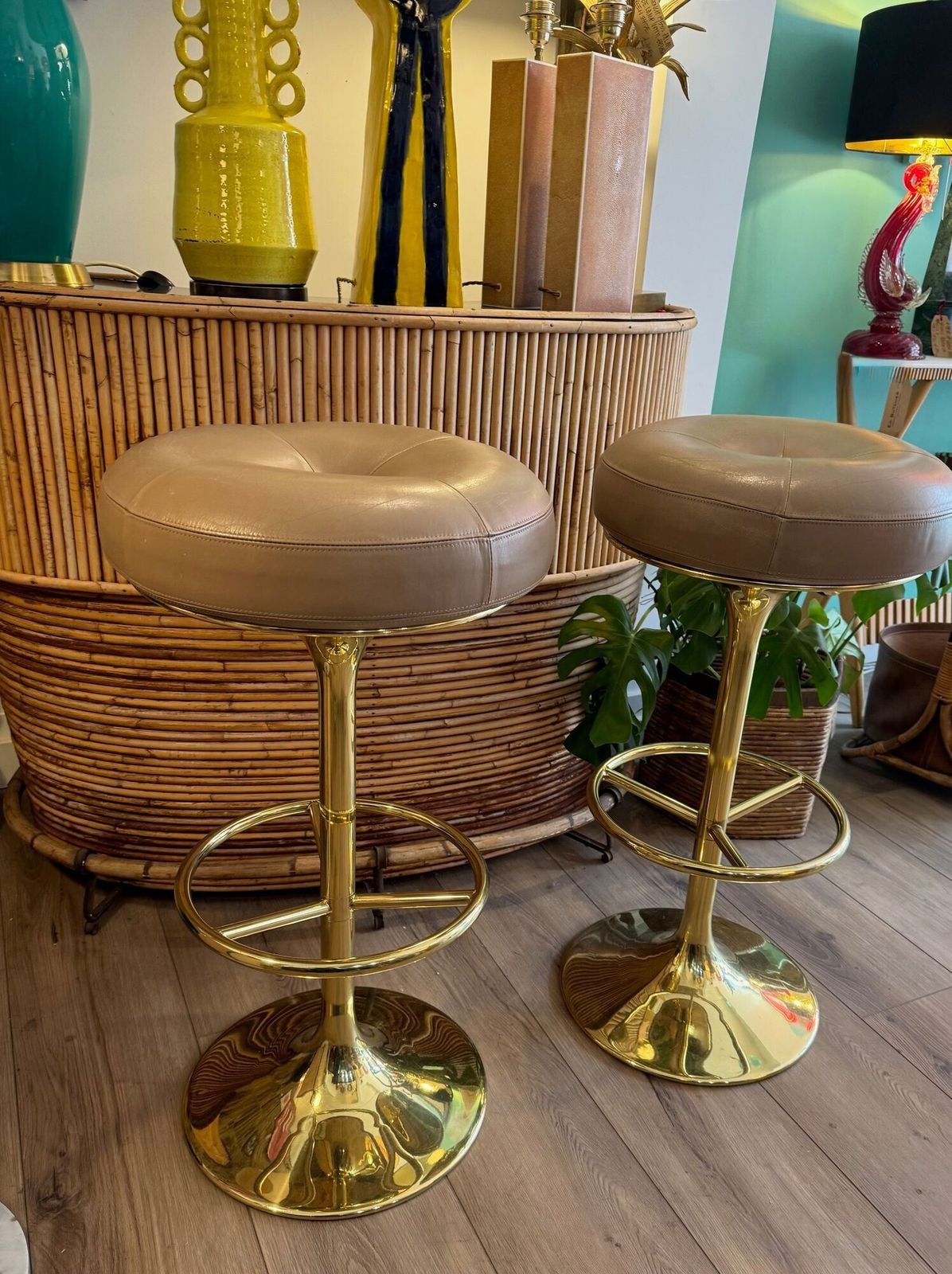 A Pair Of 1970s Gilt Metal And Leather Bar Stools photo vintage