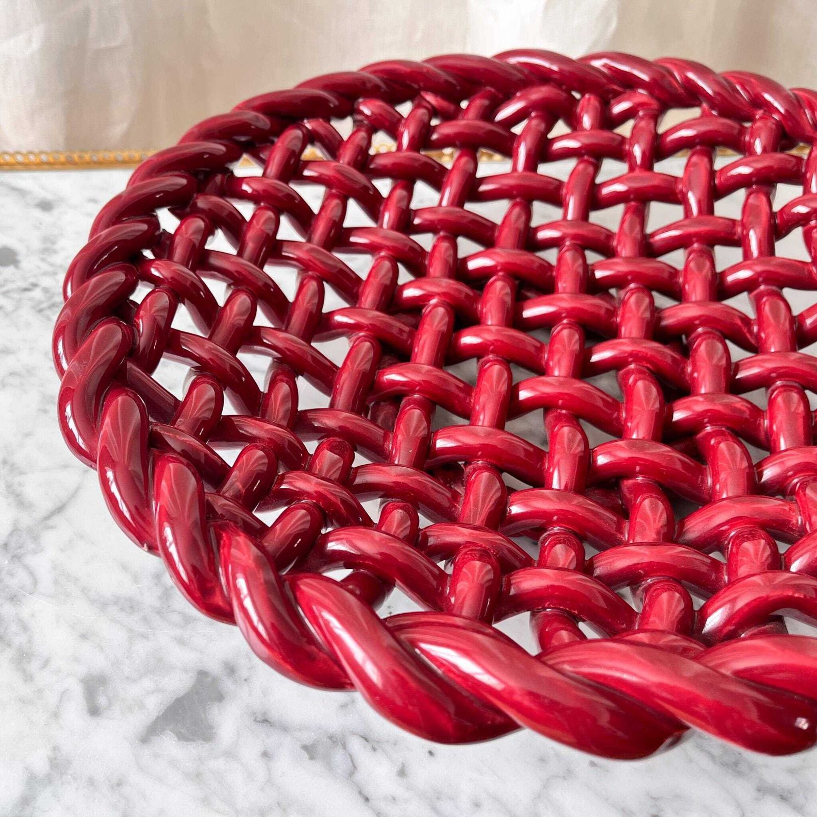 Large Vintage Red Glazed Ceramic Woven Bowl Attributed To Vallauris. photo furniture