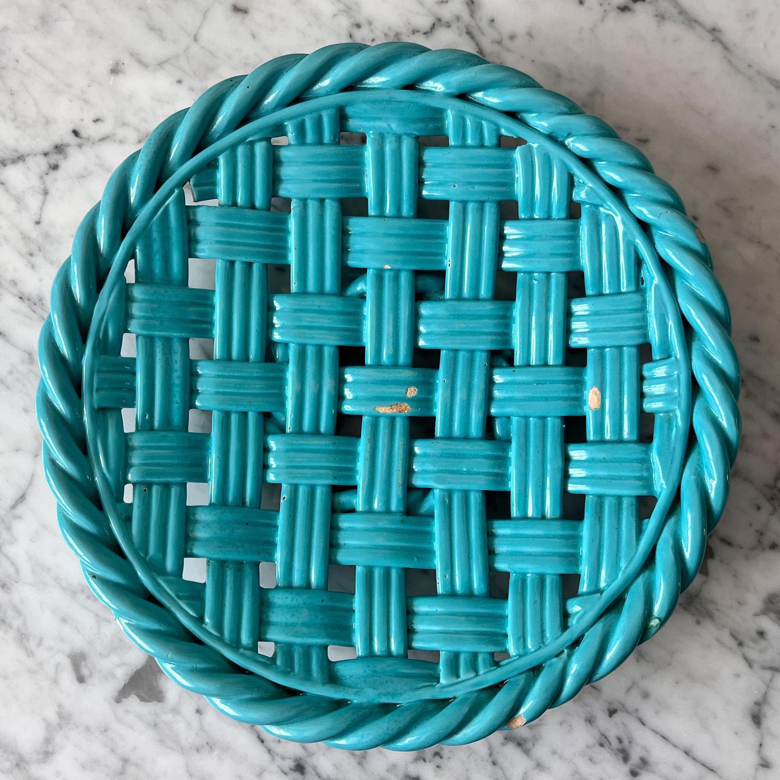 Vintage Blue Glazed Ceramic Woven Bowl.