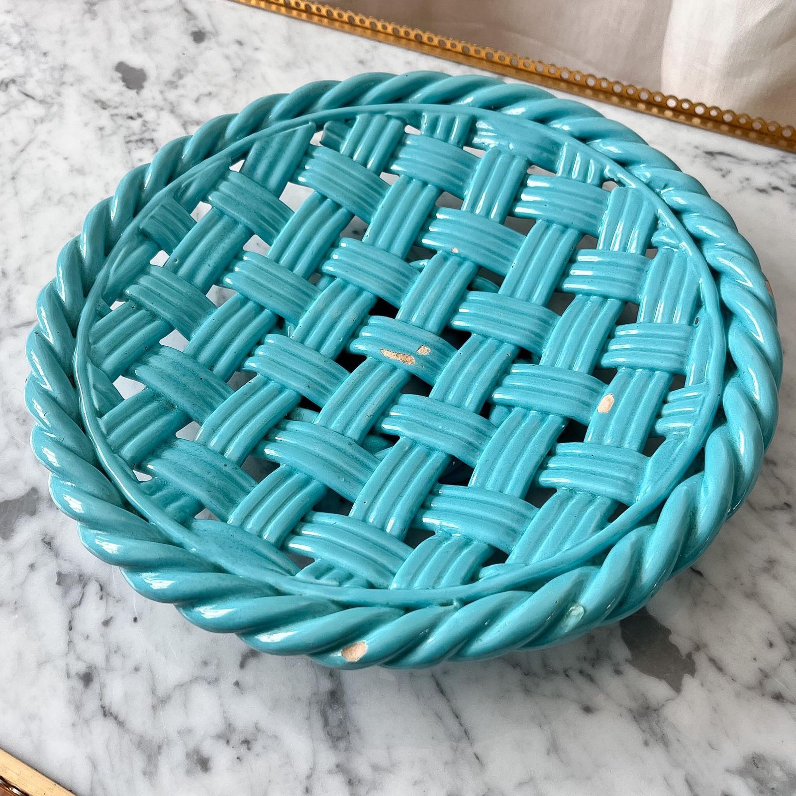 Vintage Blue Glazed Ceramic Woven Bowl. photo furniture